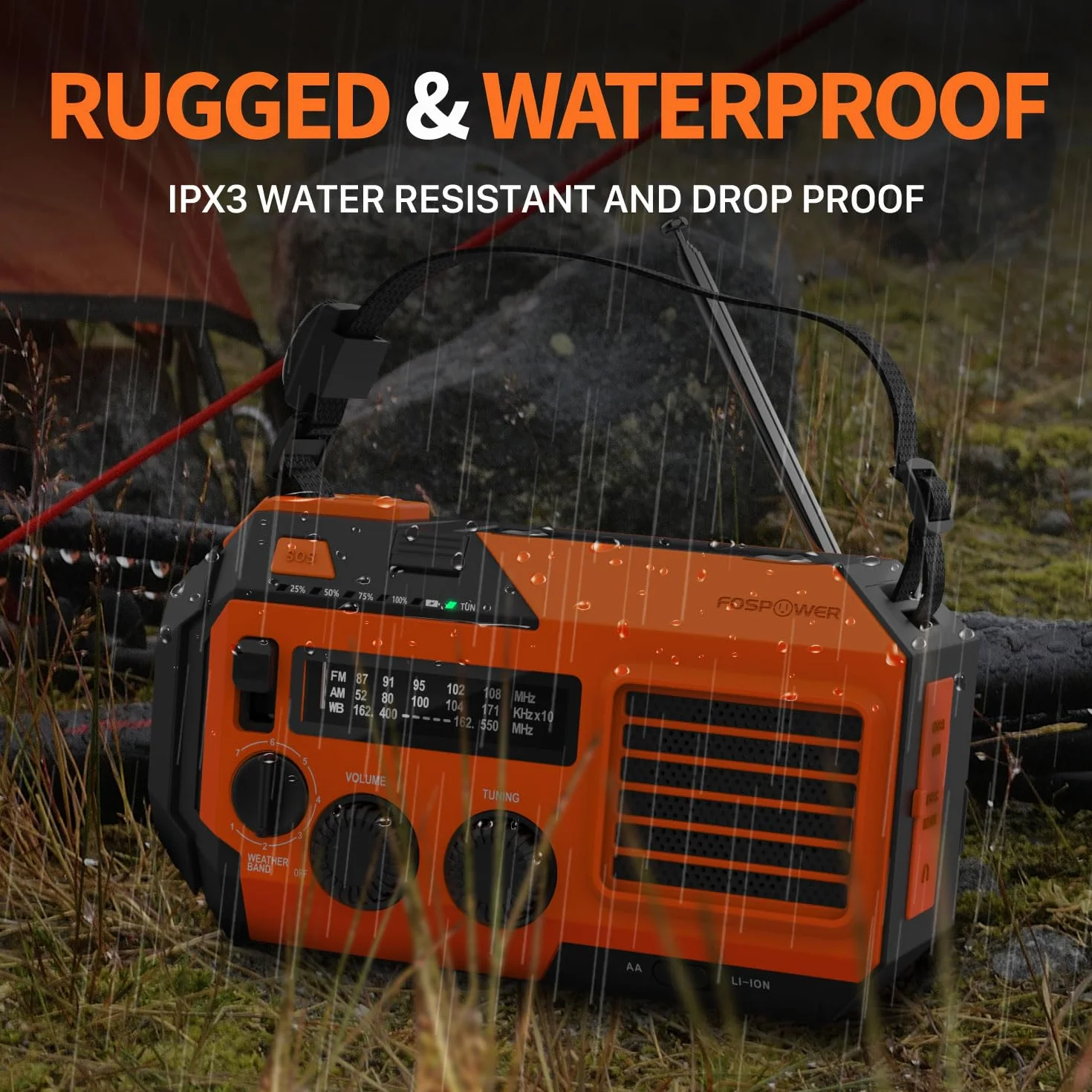FosPower Awaryjne radio pogodowe (model A6) NOAA/AM/FM z przenośnym powerbankiem 18500 mWh, ładowanie USB/słoneczne/korbą ręczną, zasilanie bateryjne, alarm SOS i latarka do awaryjnego użytku wewnątrz