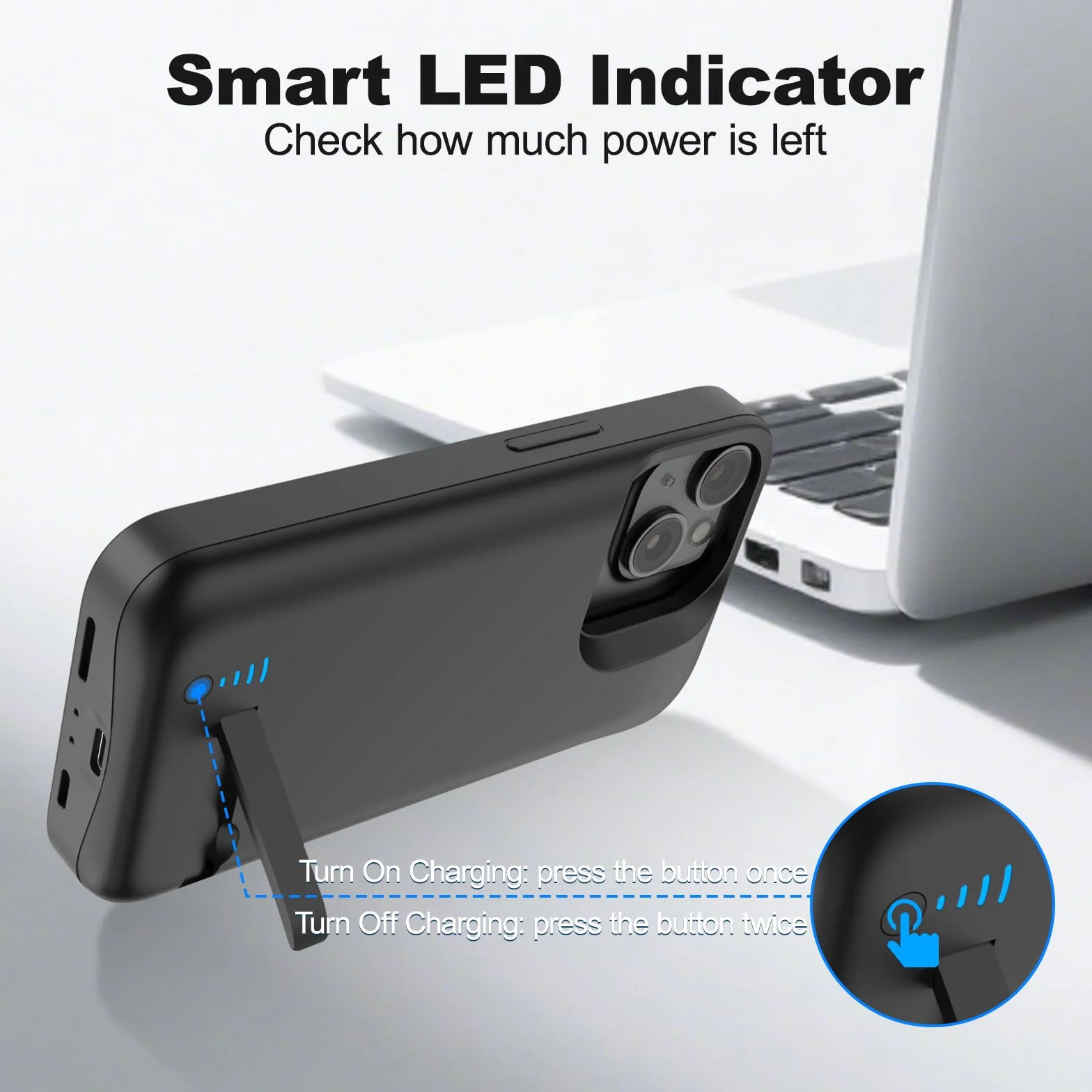 Etui na baterię do iPhone 15, prawdziwe 8500 mAh, wąskie, ładowalne, rozszerzona ładowarka, etui do ładowania ze stojakiem, przenośny powerbank ochronny do iPhone 15, 6,1 cala – czarne