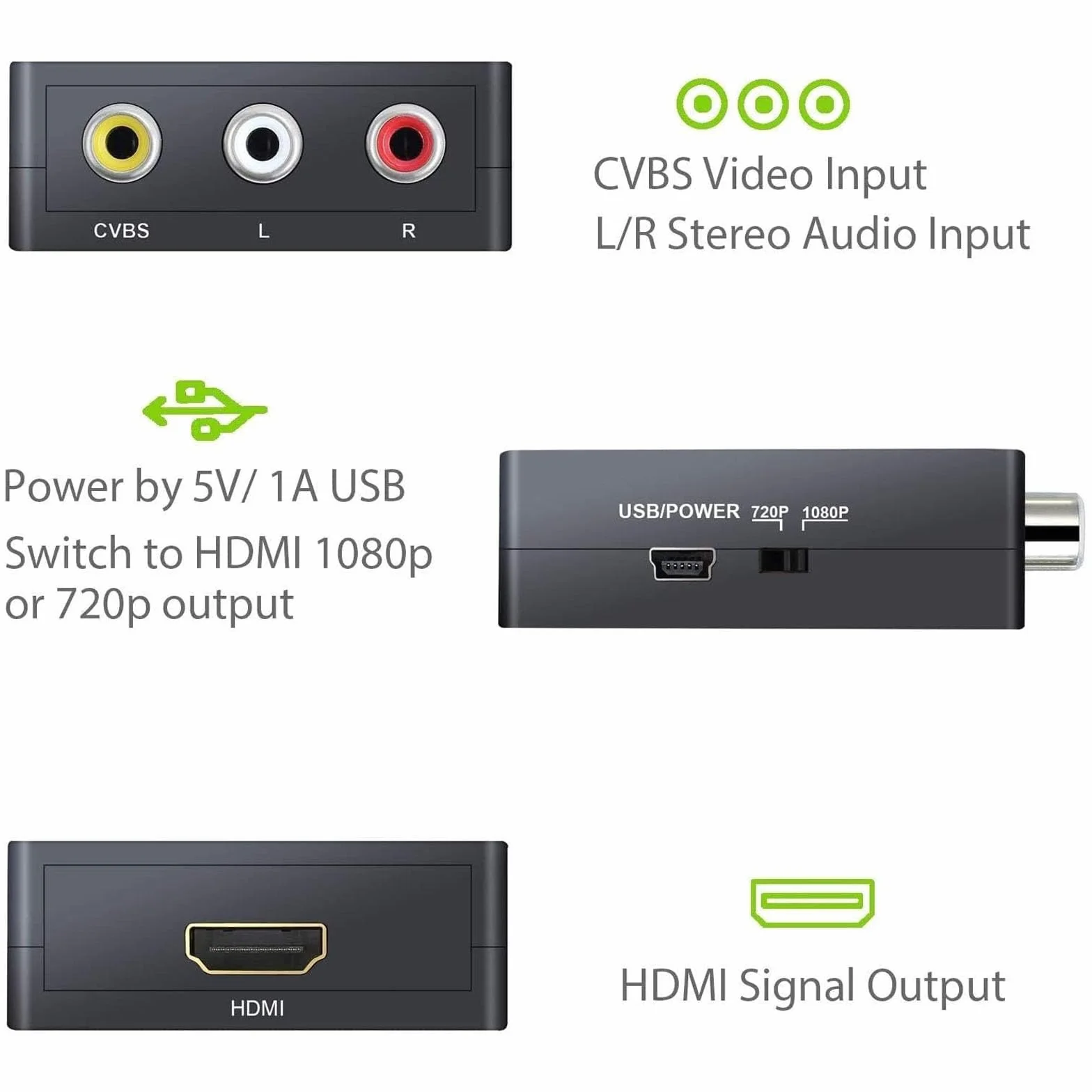 konwerter wideo RCA na HDMI, AV na HDMI, obsługuje 720 1080P dla kamery, Xbox 360, PS1, PS2, WII, N64, Gamecube, SNES, NES, PSP, DVD, VHS