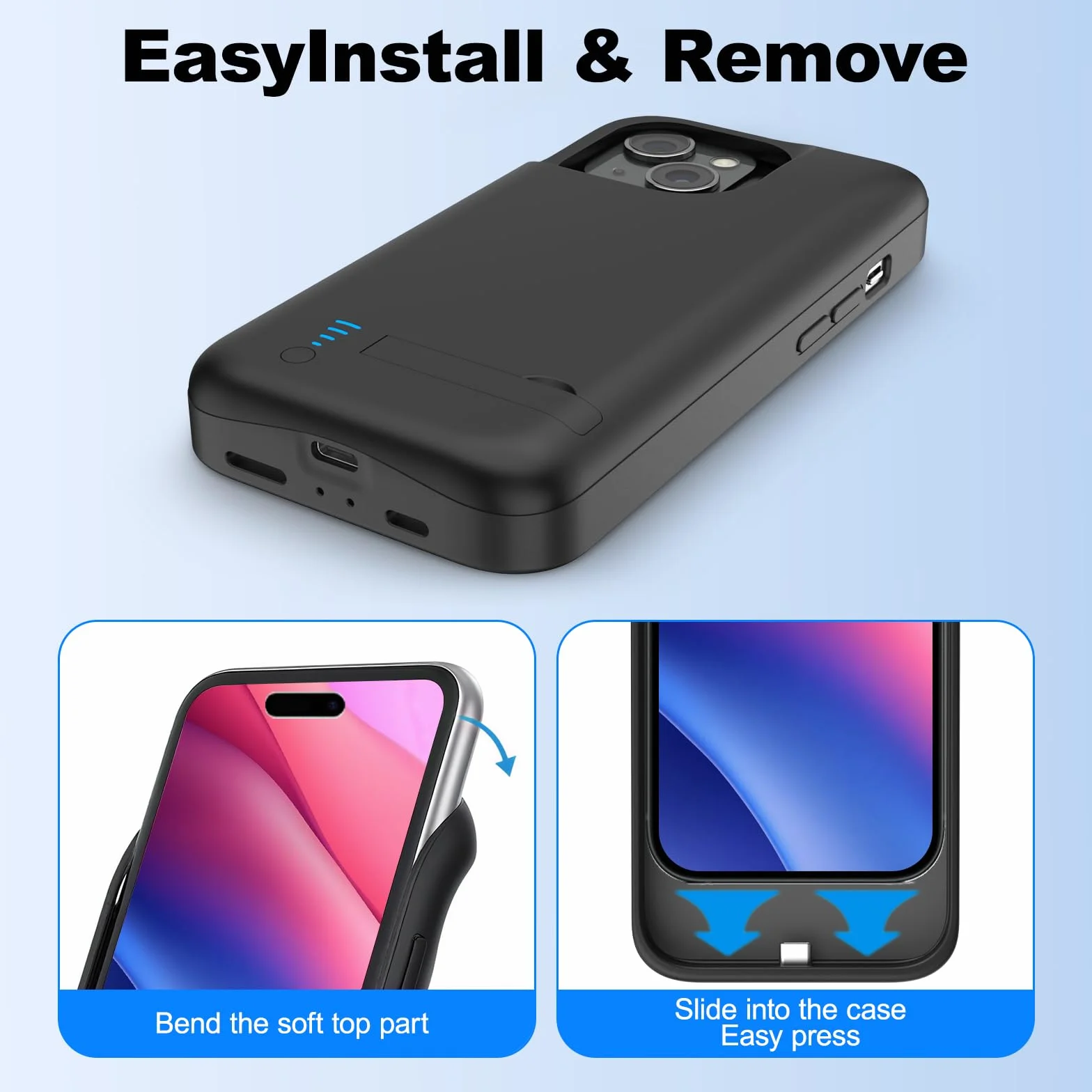 Etui na baterię do iPhone 15, prawdziwe 8500 mAh, wąskie, ładowalne, rozszerzona ładowarka, etui do ładowania ze stojakiem, przenośny powerbank ochronny do iPhone 15, 6,1 cala – czarne