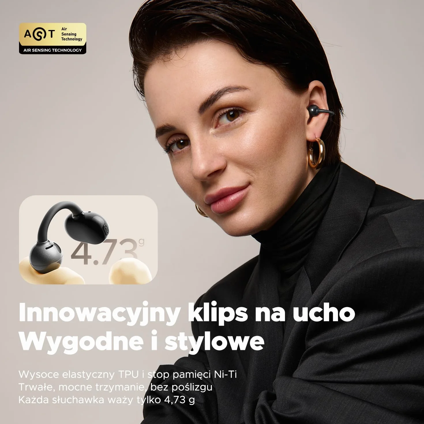 SoundPEATS POP Clip Słuchawki douszne z otwartym uchem Bluetooth 5.4 z podwójnym mikrofonem, wodoodporne bezprzewodowe słuchawki douszne IPX5, 30-godzinny czas odtwarzania, sterowanie aplikacją