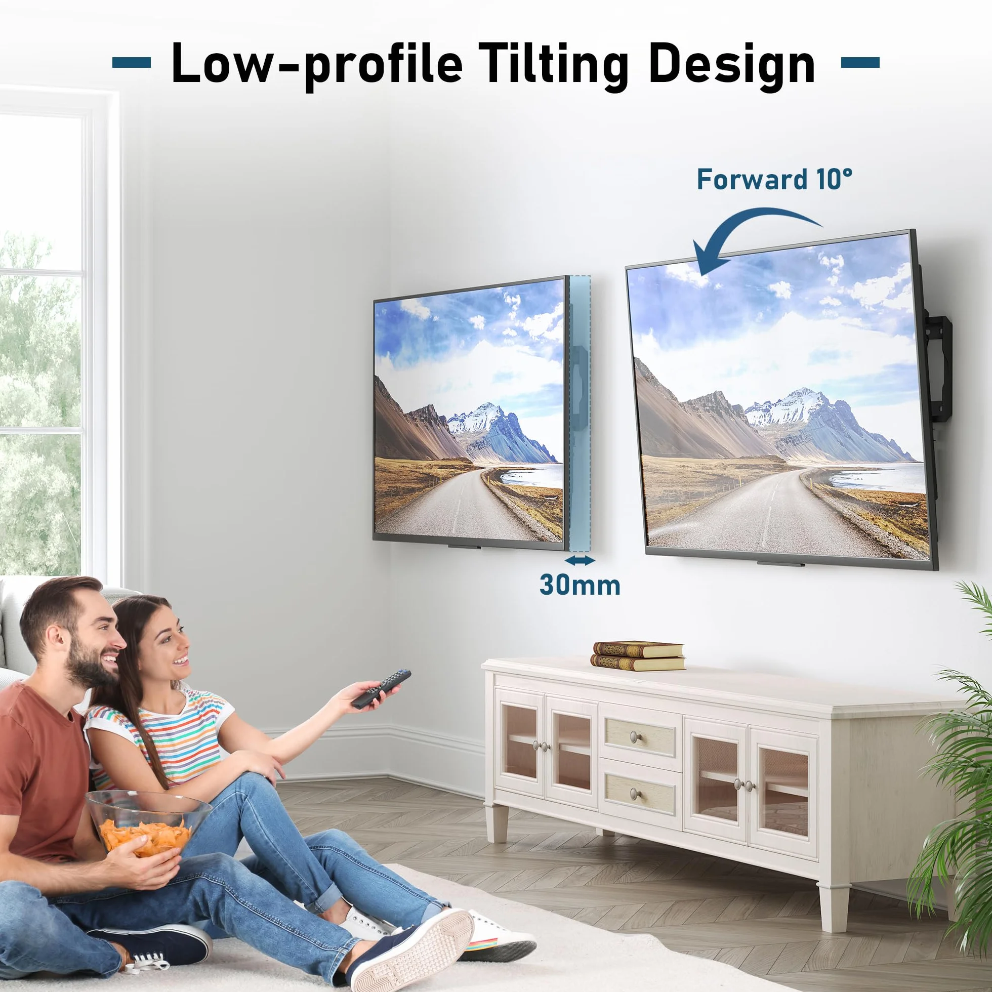 BONTEC Uchwyt Ścienny TV do Większości 26-65'' LCD/LED/OLED Telewizorów – Nachylany Slim TV Uchwyt Ścienny do 55kg, Max VESA 400x400mm – Wbudowana Poziomica i Opaski Kablowe