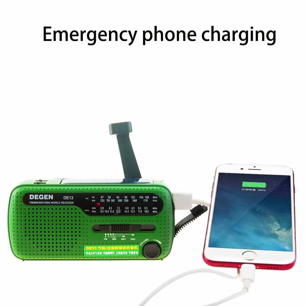 DEGEN DE13 Cranked Solar FM AM SW Odbiornik z Latarką Alarmem SOS Telefon Komórkowy Ładowanie Awaryjne Zielony