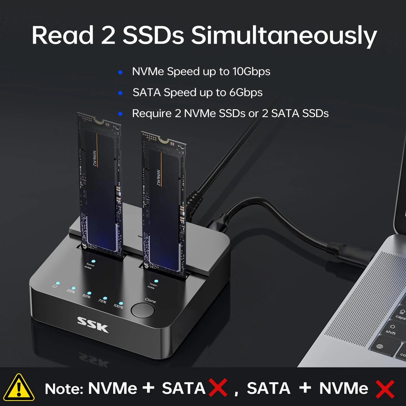 SSK M.2 NVMe SATA SSD Klonująca Stacja Dokująca USB 3.2 Gen 2 10 Gb/s Obudowa Duplikatora Klonującego SSD z Dwiema Zatokami