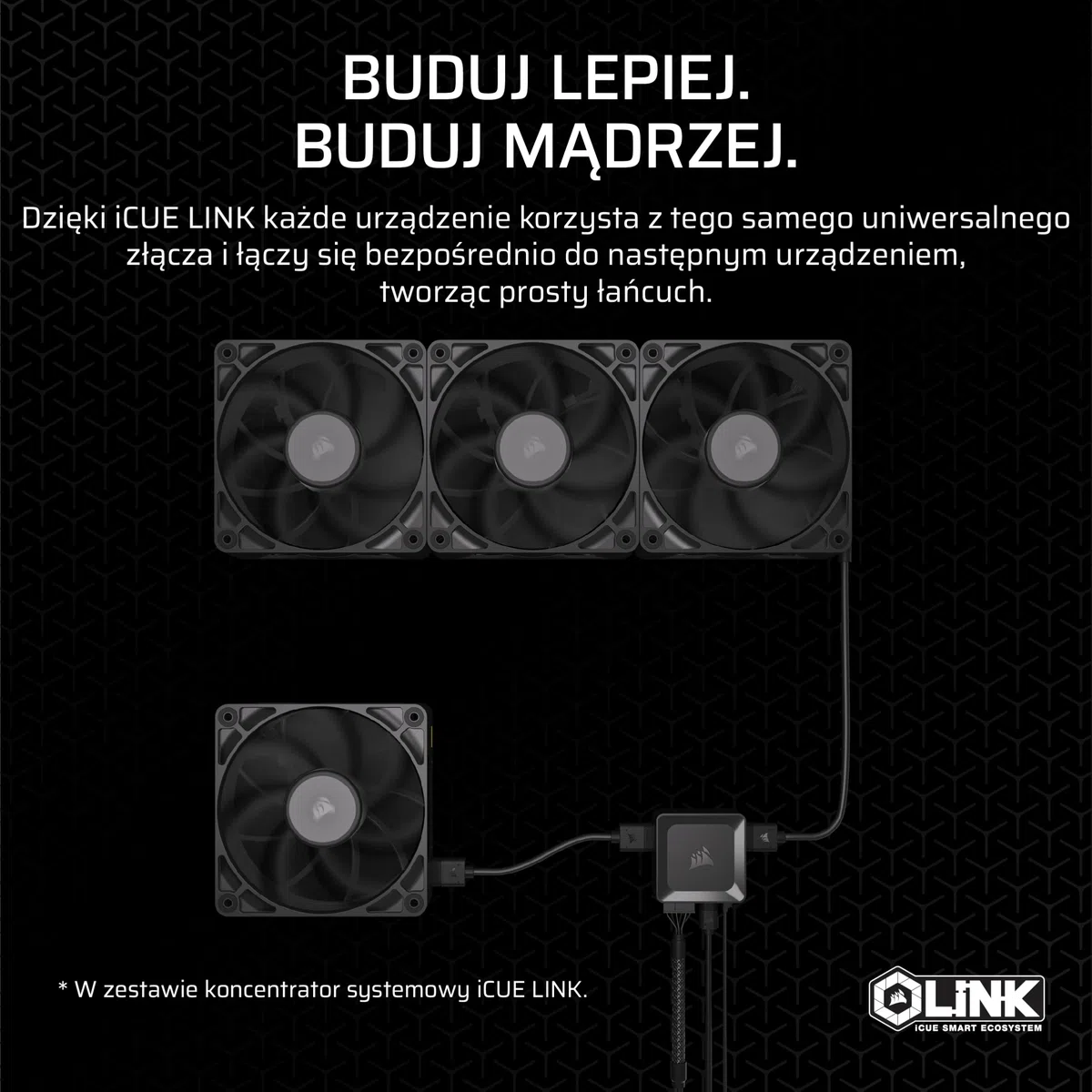 CORSAIR iCUE LINK RX120 MAX 120mm PWM Gruby Wentylatory z Koncentrator iCUE LINK – Wysokie Ciśnienie Statyczne – Polimeru Ciekłokrystalicznego – Łożysko z Magnetyczną Kopułą – Zestaw Trzech – Czarny