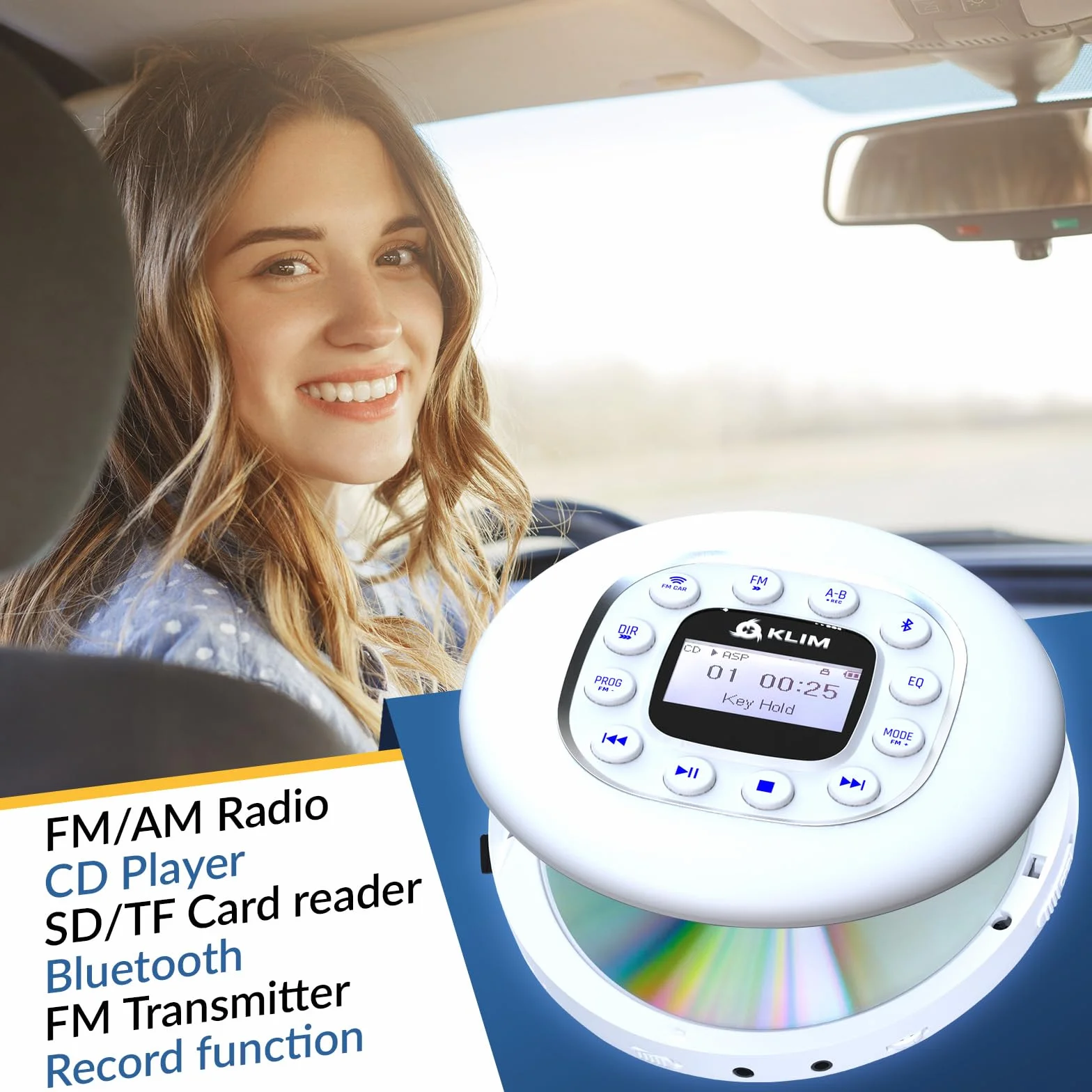 KLIM Journey + przenośny odtwarzacz CD Walkman z długą żywotnością baterii + NOWOŚĆ + słuchawki w zestawie + radio FM + kompatybilny z MP3 + karta SD, nadajnik FM, Bluetooth + idealny do samochodu -