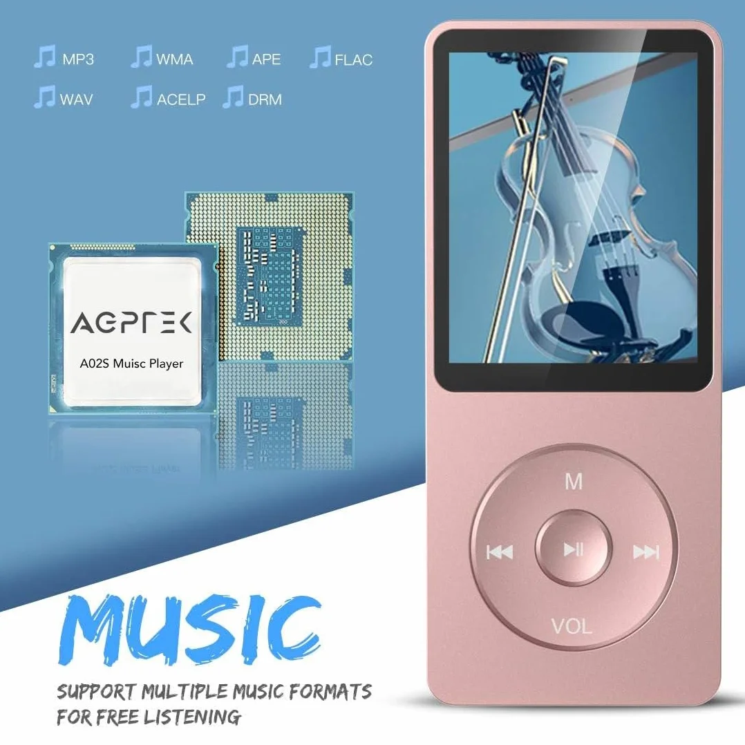 AGPTEK Klasyczny Mp3 8GB odtwarzacz MP3 1,8 cala 70 godzin baterii różowy