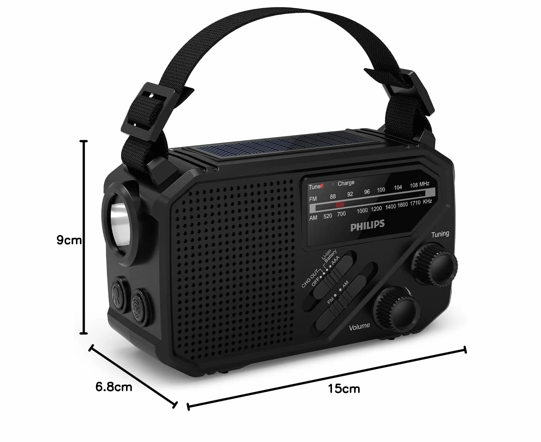 Philips TAR1659 Przenośne radio FM/AM z akumulatorem, korbą, lampą LED i latarką