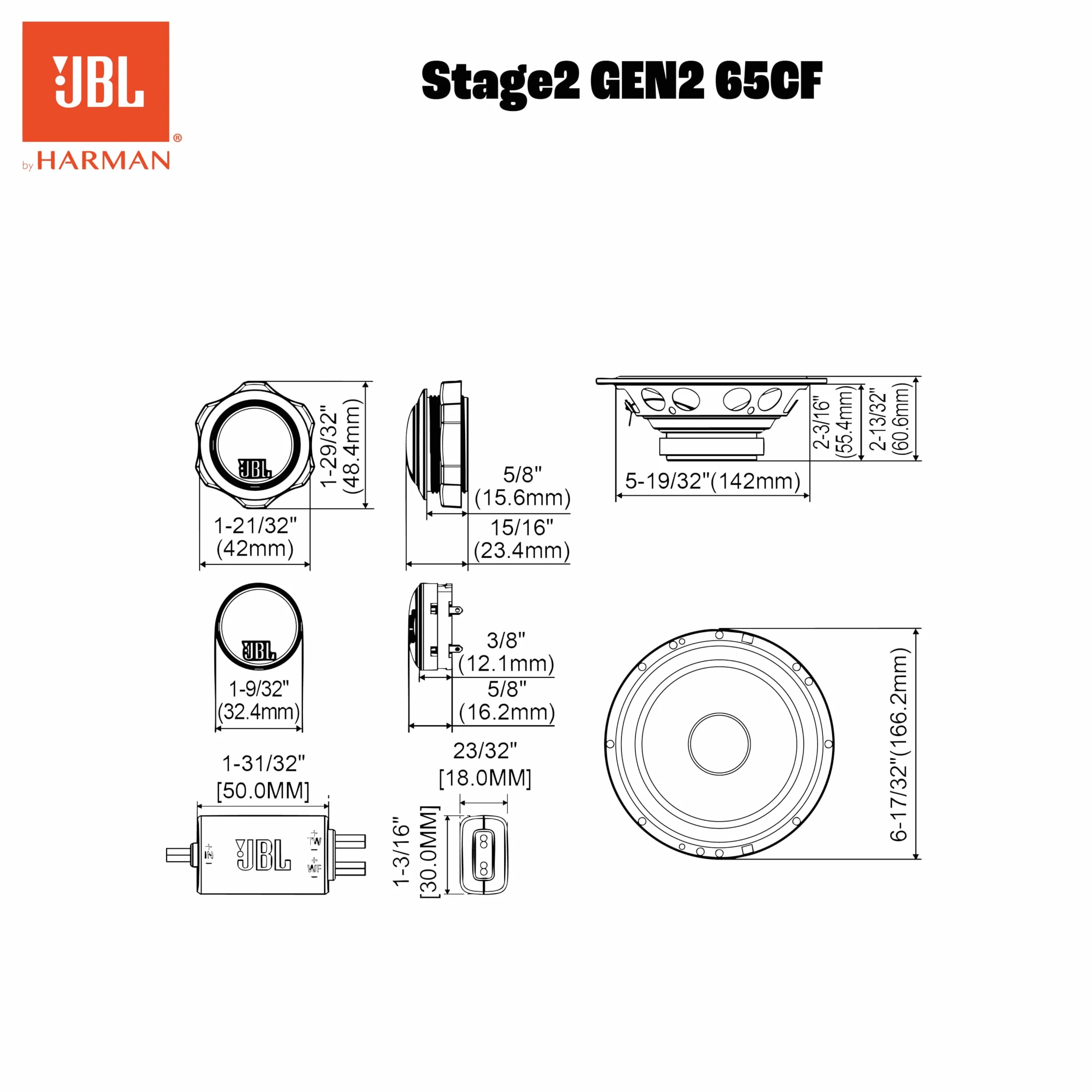 JBL Stage2 GEN2 65CF - 6,5 cala (165 mm) 2-drożne komponentowe głośniki samochodowe, 90 W RMS, szczyt 270 W, oddzielne głośniki wysokotonowe, OEM Fit Audio, z kratkami, łatwa instalacja, zestaw 2 szt