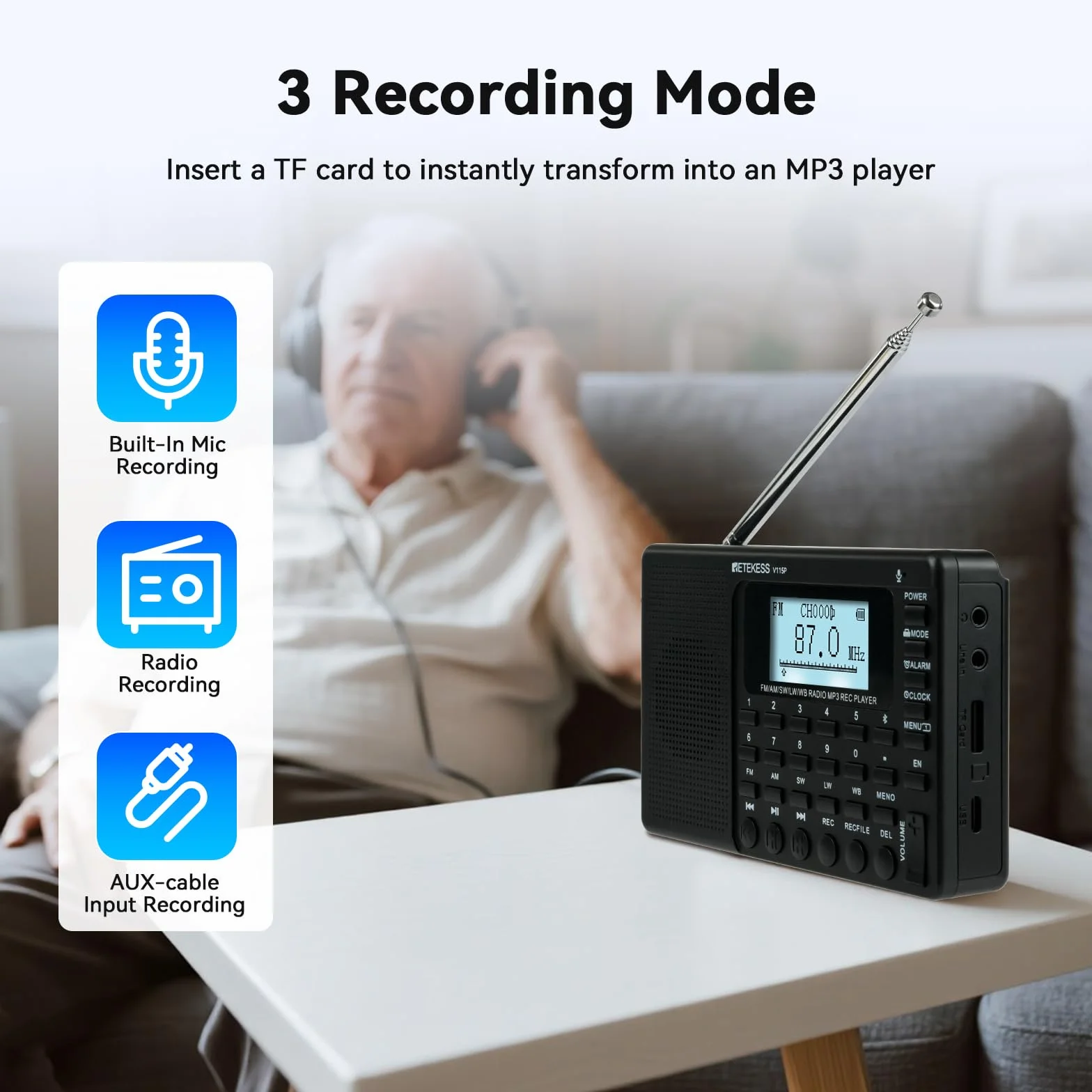 Retekess V115P Przenośne Radio, AM FM SW, akumulator 1800 mAh, wejście TF/AUX, nagrywanie, latarka, timer uśpienia, budzik, odpowiednie na wypadek sytuacji awaryjnych, na kemping