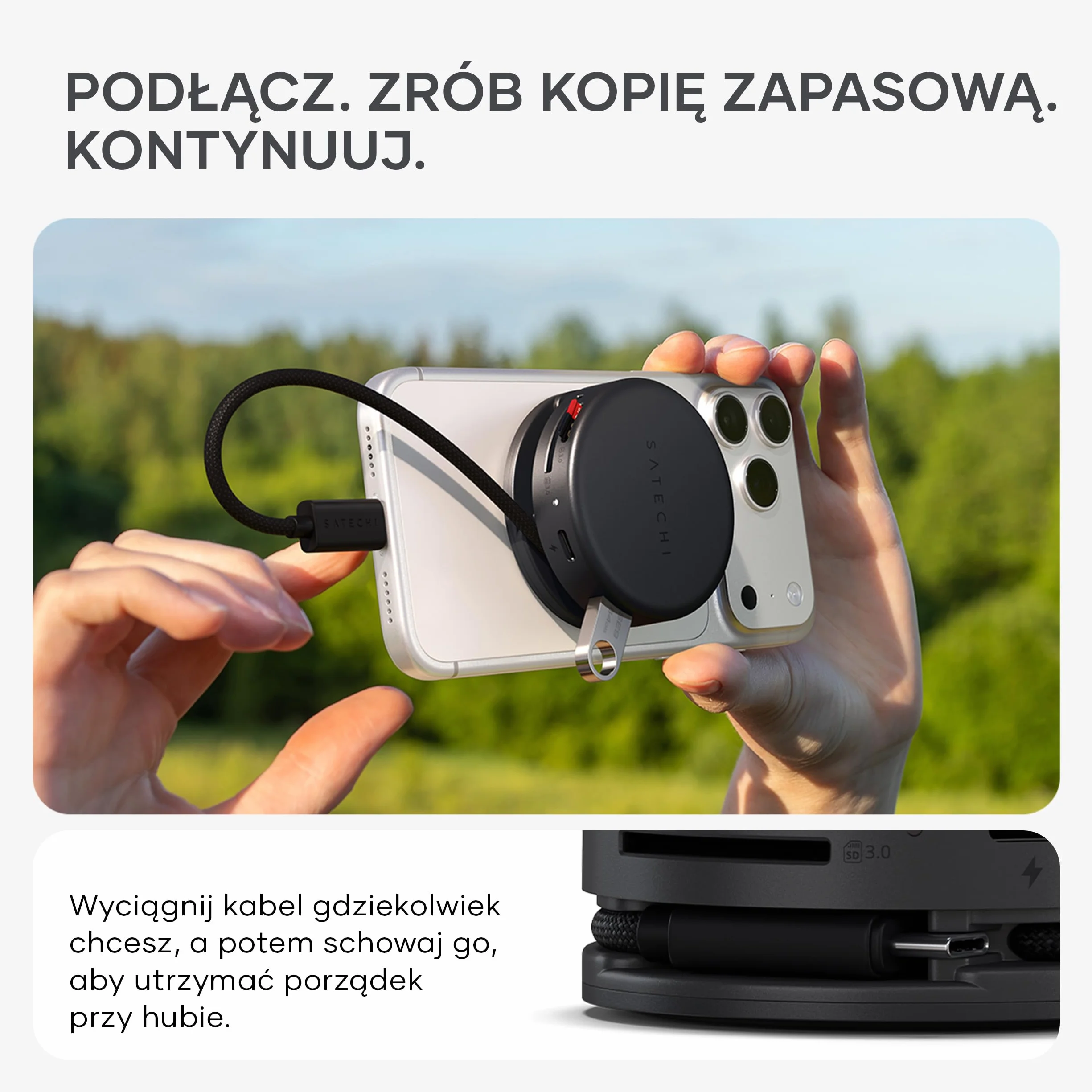 SATECHI OntheGo Hub USB-C 7 w 1, Kompaktowy Magnetyczny Adapter Wieloportowy 100W PD, HDMI 4K/60Hz, Gigabit Ethernet, 2×USB-A, Czytnik SD/microSD, Czarny Kosmiczny