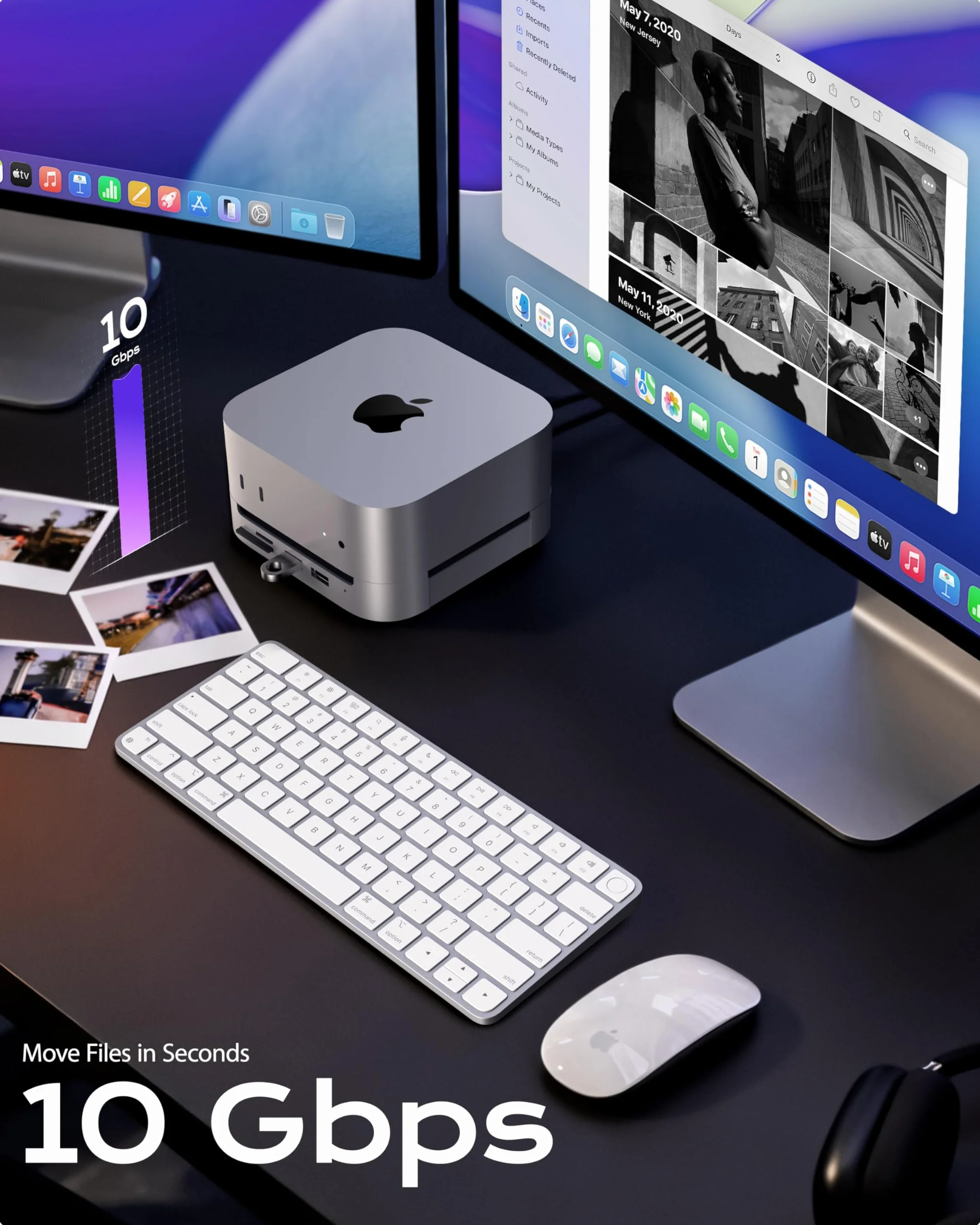 Stacja dokująca Stouchi Mac mini M4 z obudową SSD NVMe, podstawką i hubem M4 z 2 portami USB A 10 Gb/s, czytnikami kart SD/TF, HDMI 4K@60HZ, 2 portami USB A do transmisji danych, gniazdem audio 3,5 mm