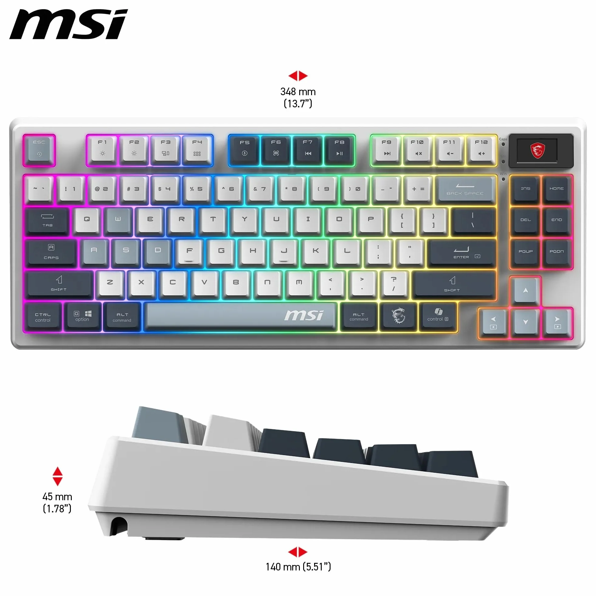 MSI Forge GK600 TKL Wireless Sky FR - AZERTY Mechaniczna klawiatura z przełącznikiem liniowym - sublimacyjne drukowane klawisze PBT, antypoślizgowy spód, LED RGB, USB 2.0, Bluetooth, 2.4 GHz