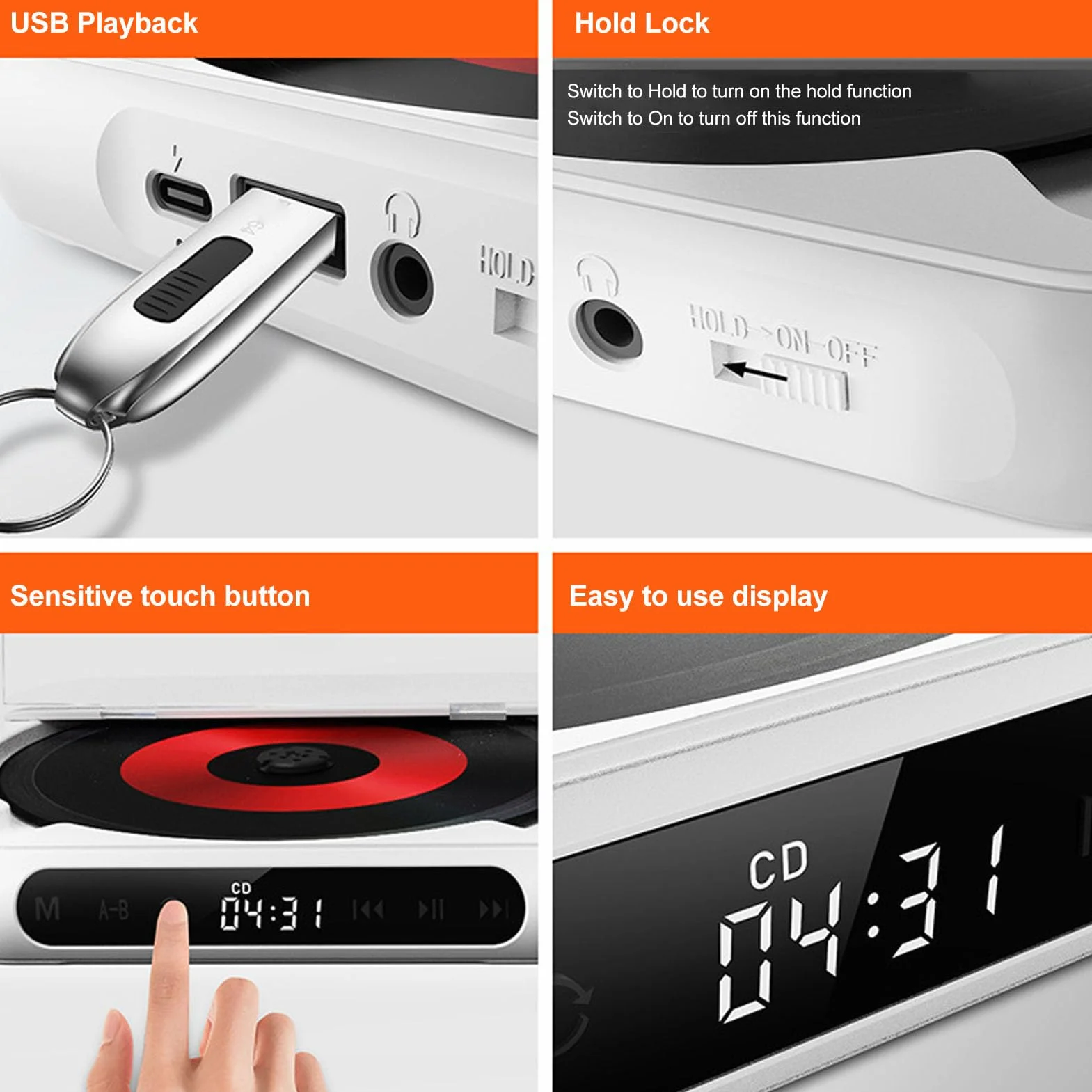 Przenośny Odtwarzacz CD z BT, Anti Skip, 1200 mAh, LCD, USB, AUX, Słuchawki
