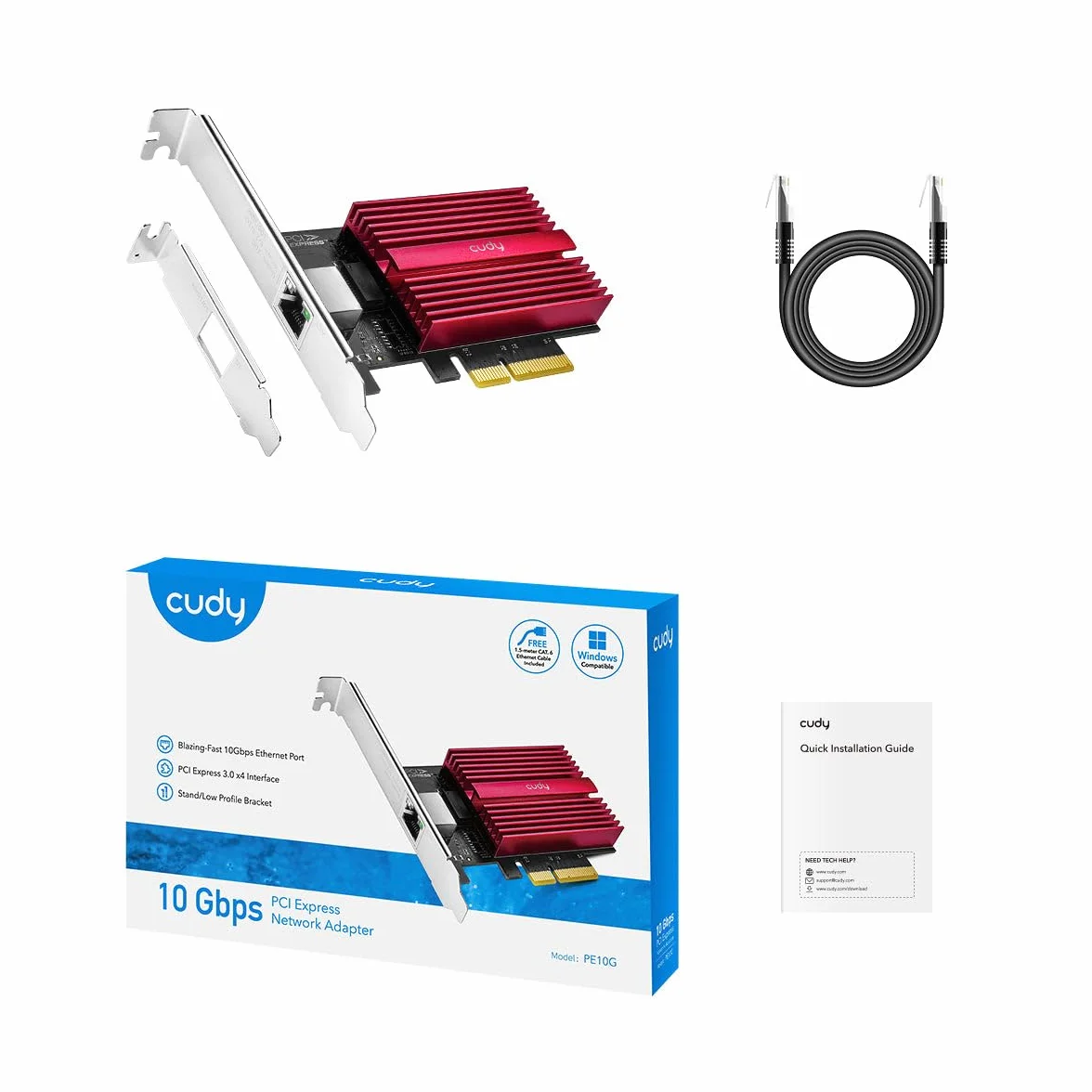 Cudy Karta sieciowa 10 GB PCIe, adapter 10G Base-T, Flow Control, 10 Gigabit Ethernet adapter do Windows 11/10, Windows Server 2022 i Linux, w zestawie kabel sieciowy