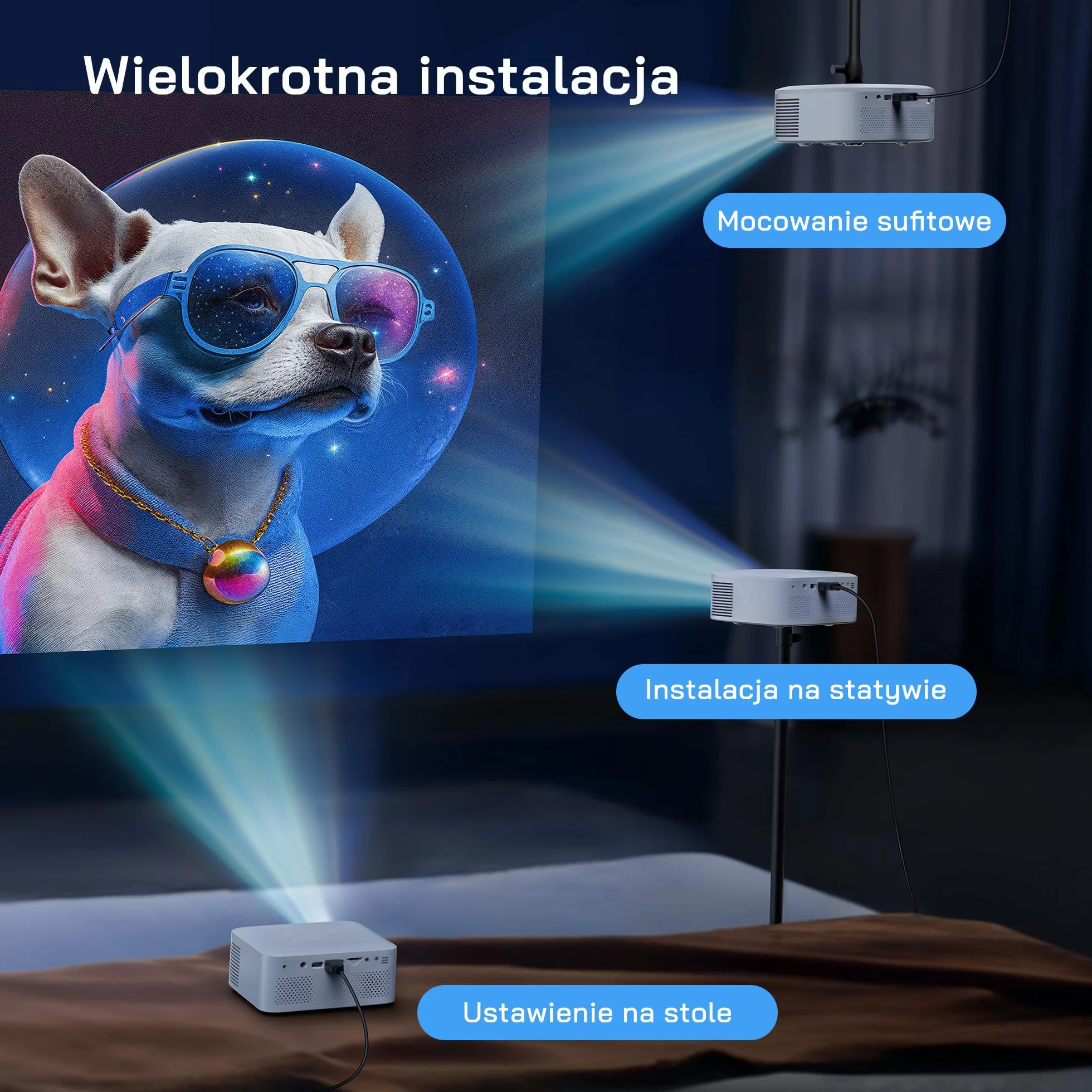 WOLFANG Mini projektor, ulepszony 1080P Full HD przenośny projektor telefoniczny, zewnętrzny projektor kina domowego kompatybilny z HDMI, USB, smartfonem, tabletem, komputerem, TV Stick, AV, kartą Mic