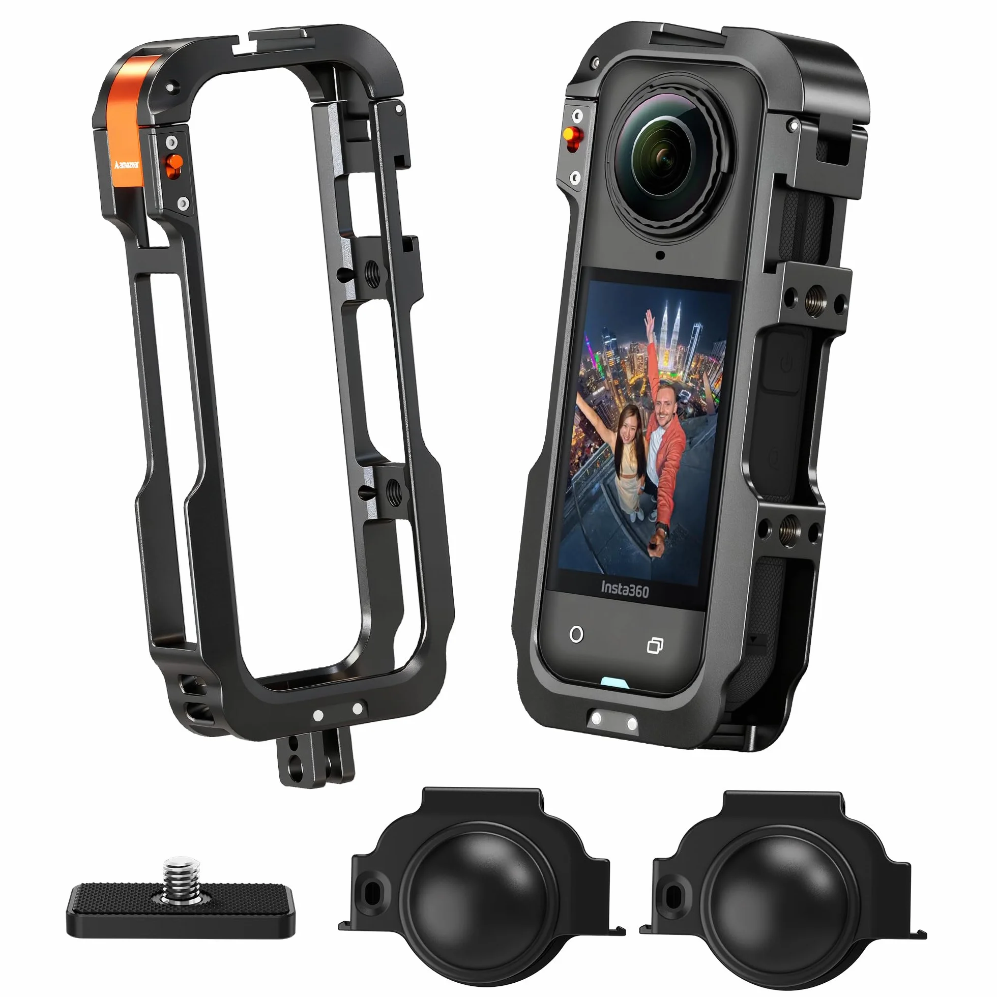 Amazear Metalowa obudowa ochronna do akcesoriów Insta 360 X5, wielofunkcyjna rama, wytrzymała aluminiowa rama z szybkim zapięciem, różne mocowania rozszerzeń (metaliczny czarny)