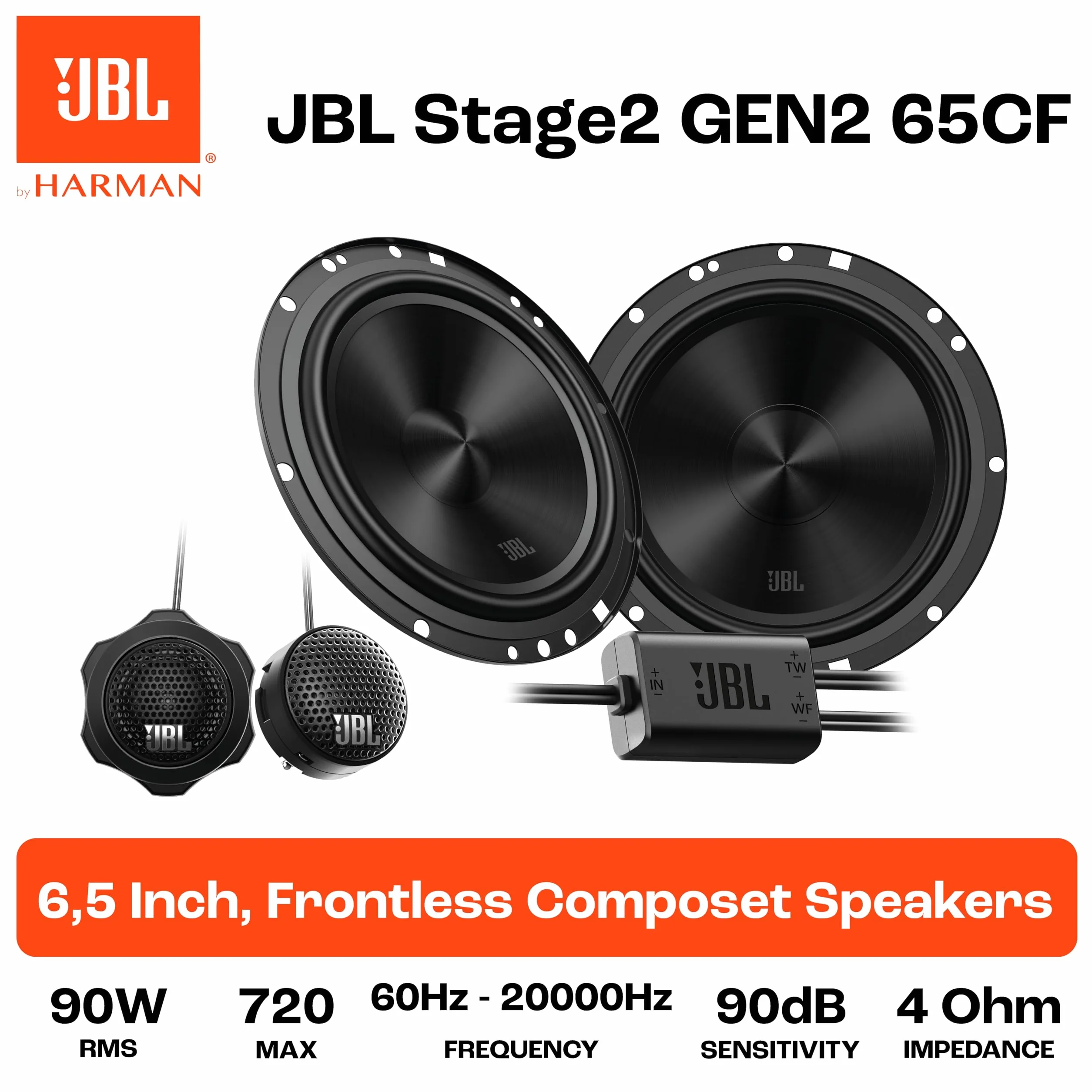 JBL Stage2 GEN2 65CF - 6,5 cala (165 mm) 2-drożne komponentowe głośniki samochodowe, 90 W RMS, szczyt 270 W, oddzielne głośniki wysokotonowe, OEM Fit Audio, z kratkami, łatwa instalacja, zestaw 2 szt