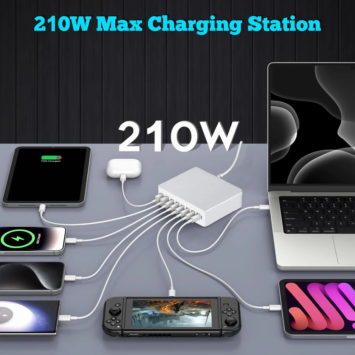 Ładowarka USB C 210W 6 portów PD 3.0 Szybkie ładowanie do iPhone MacBook Samsung Galaxy