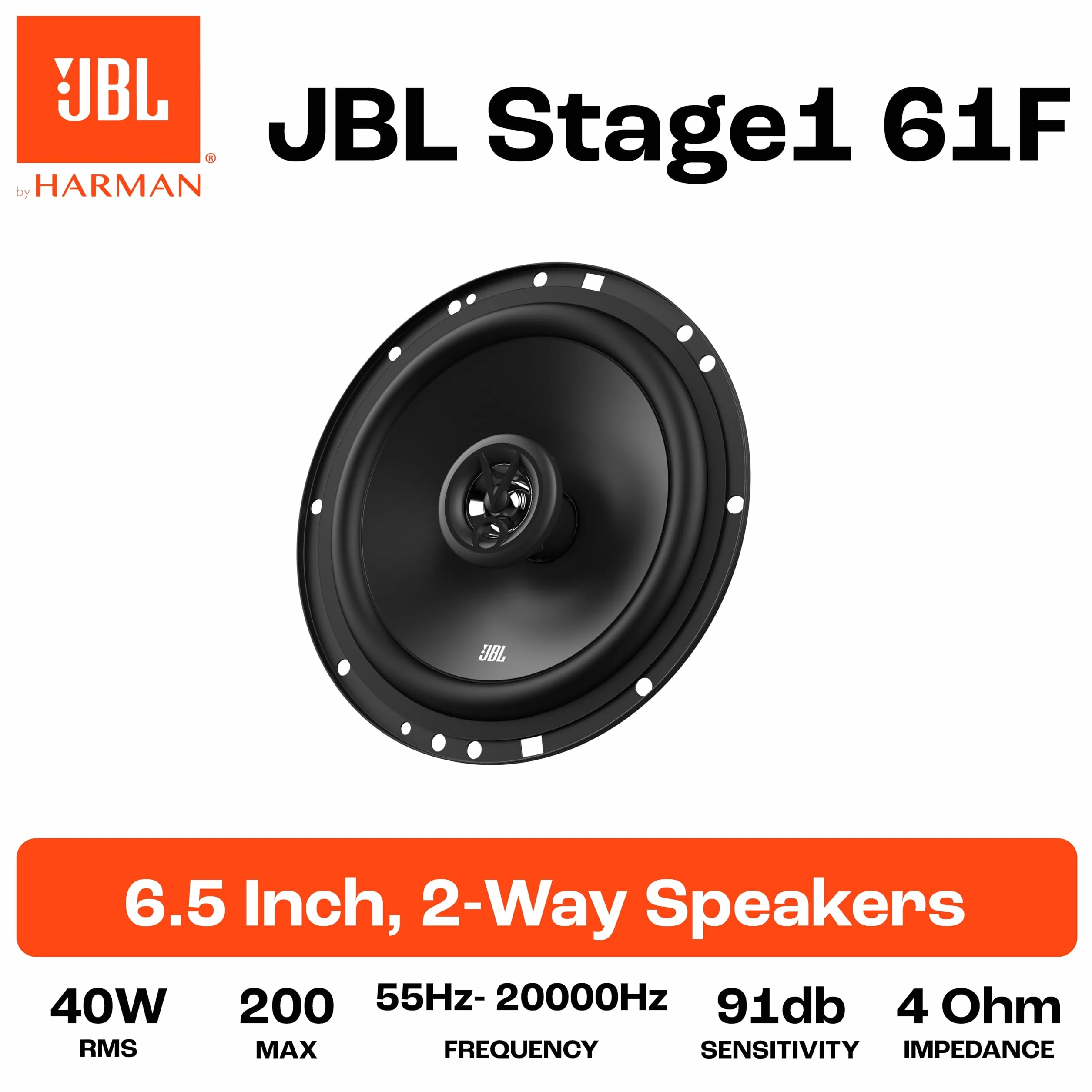 JBL Stage1 61F Harman Kardon 2-drożny zestaw głośników samochodowych - Echo Auto 200 Watów 40 Watów RMS - 2-częściowy samochód Hi-Fi Box Duży 16,5 cm | 165 mm | 6,5 cala