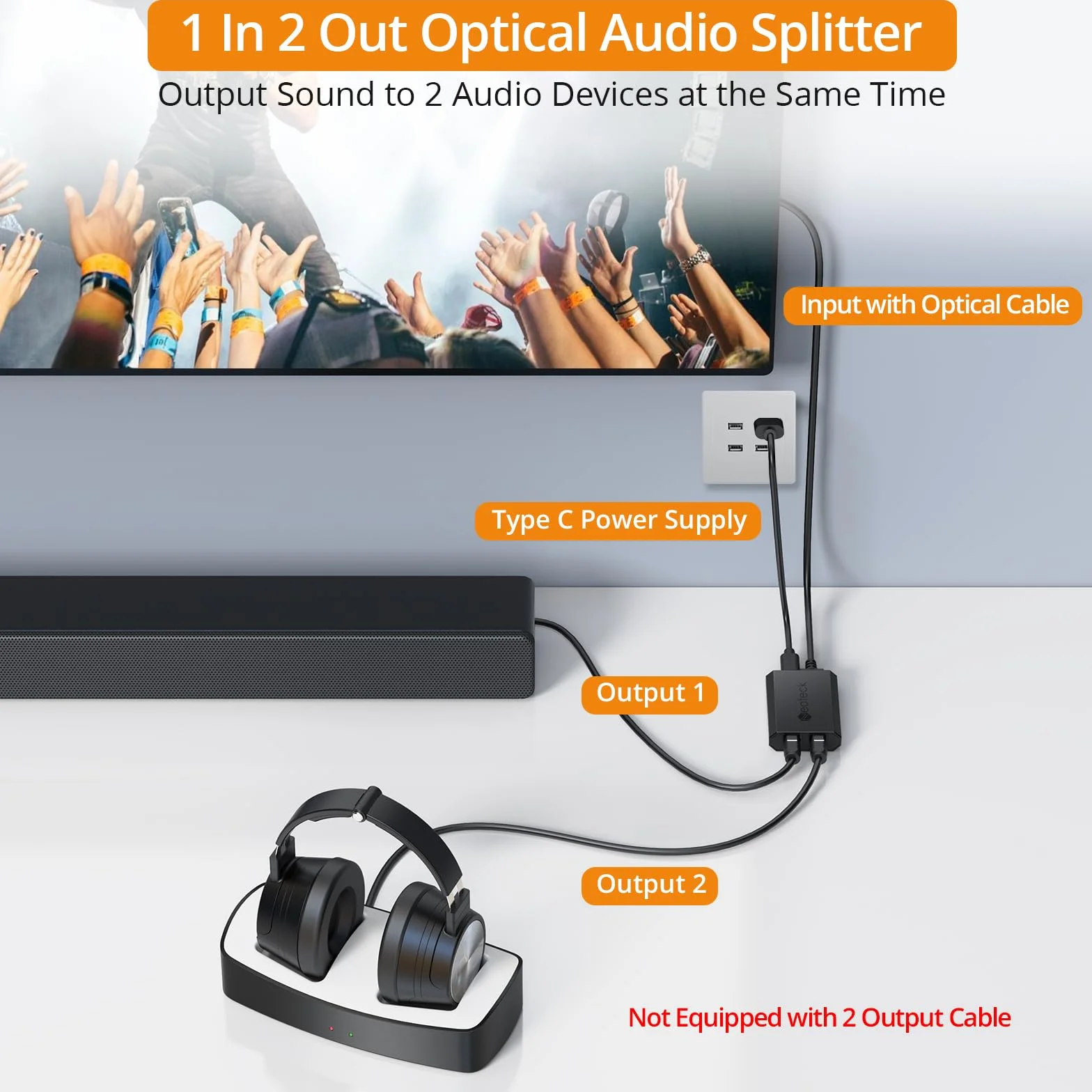 Neoteck Rozdzielacz kabli optycznych, rozdzielacz kabli adaptera audio 1 w 2 wyjścia z kablem Toslink 1 m, 2-drożny rozdzielacz optyczny Spdif Toslink obsługuje PCM2.0/DTS/Dolby-AC3 do soundbara HDTV