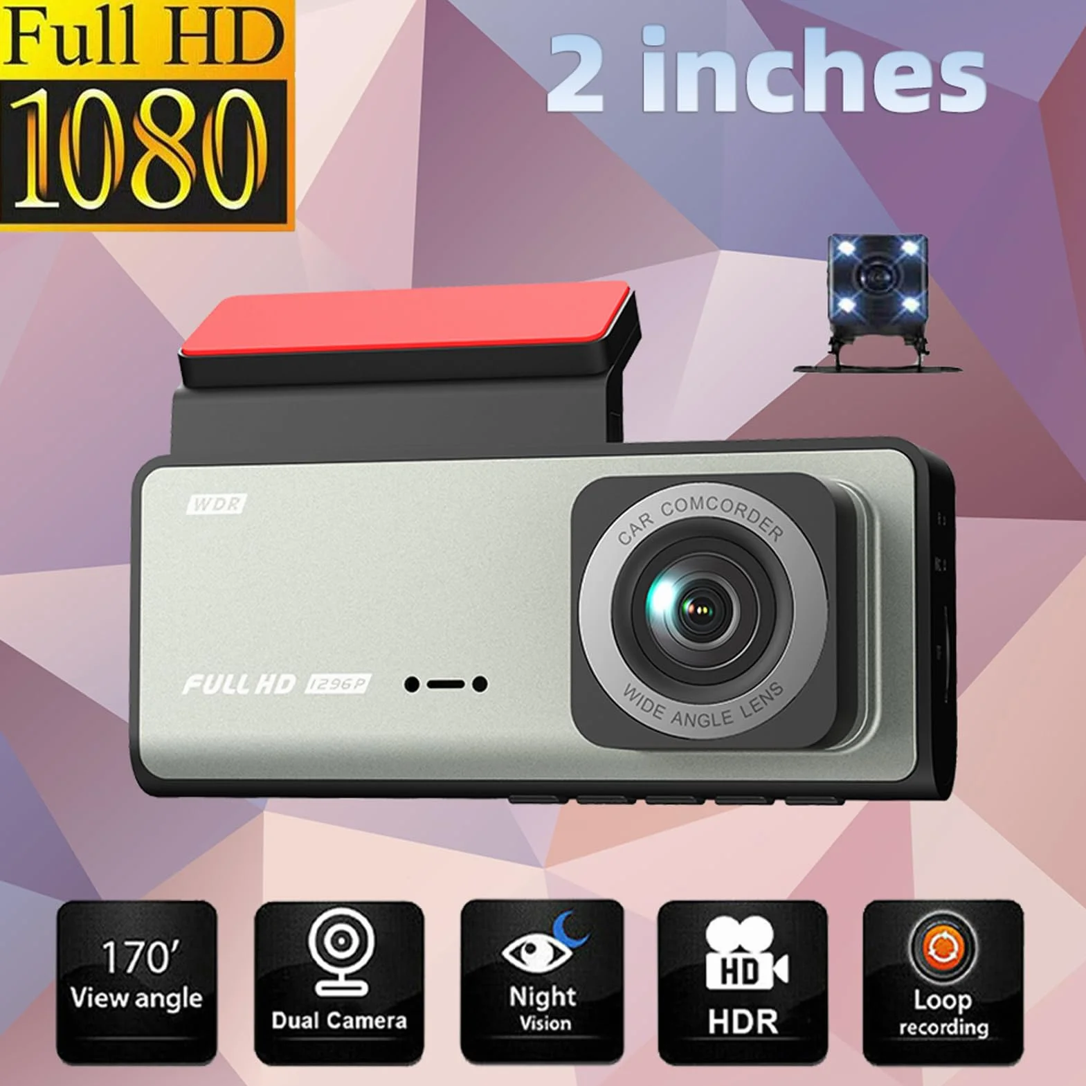 Wewnętrzna przednia i tylna kamera na desce rozdzielczej, 1080P + 480P 480P WDR potrójna kamera samochodowa, wbudowany Wi-Fi, ekran IPS 2.0 Zoll, noktowizor, szeroki kąt 170°
