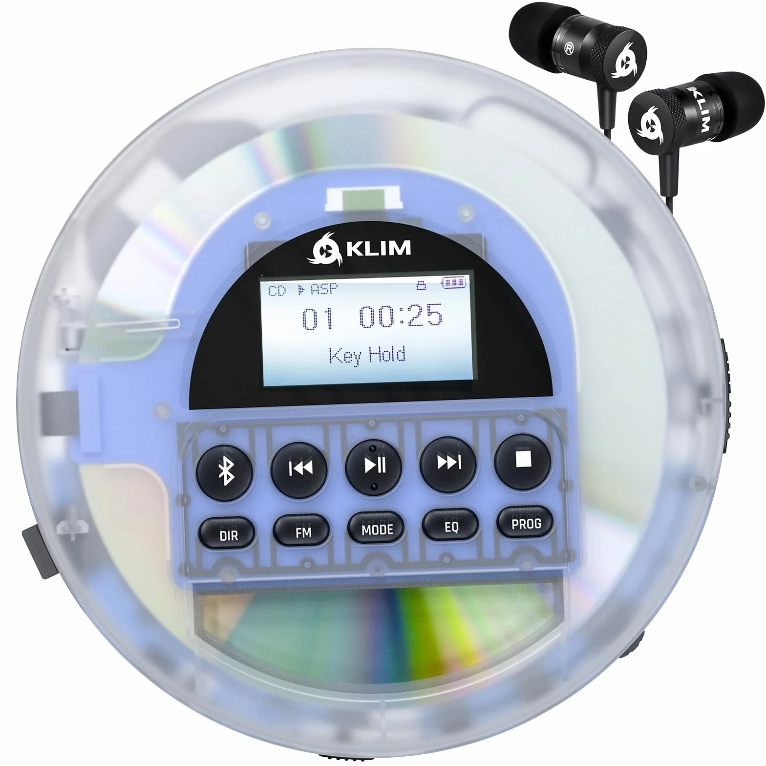 KLIM Nomad Transparent - NOWY - Przenośny odtwarzacz CD z długotrwałą baterią - w zestawie słuchawki - Radio FM - Przenośny odtwarzacz MP3 CD - Radio FM z kartą TF Bluetooth - Idealny do samochodów
