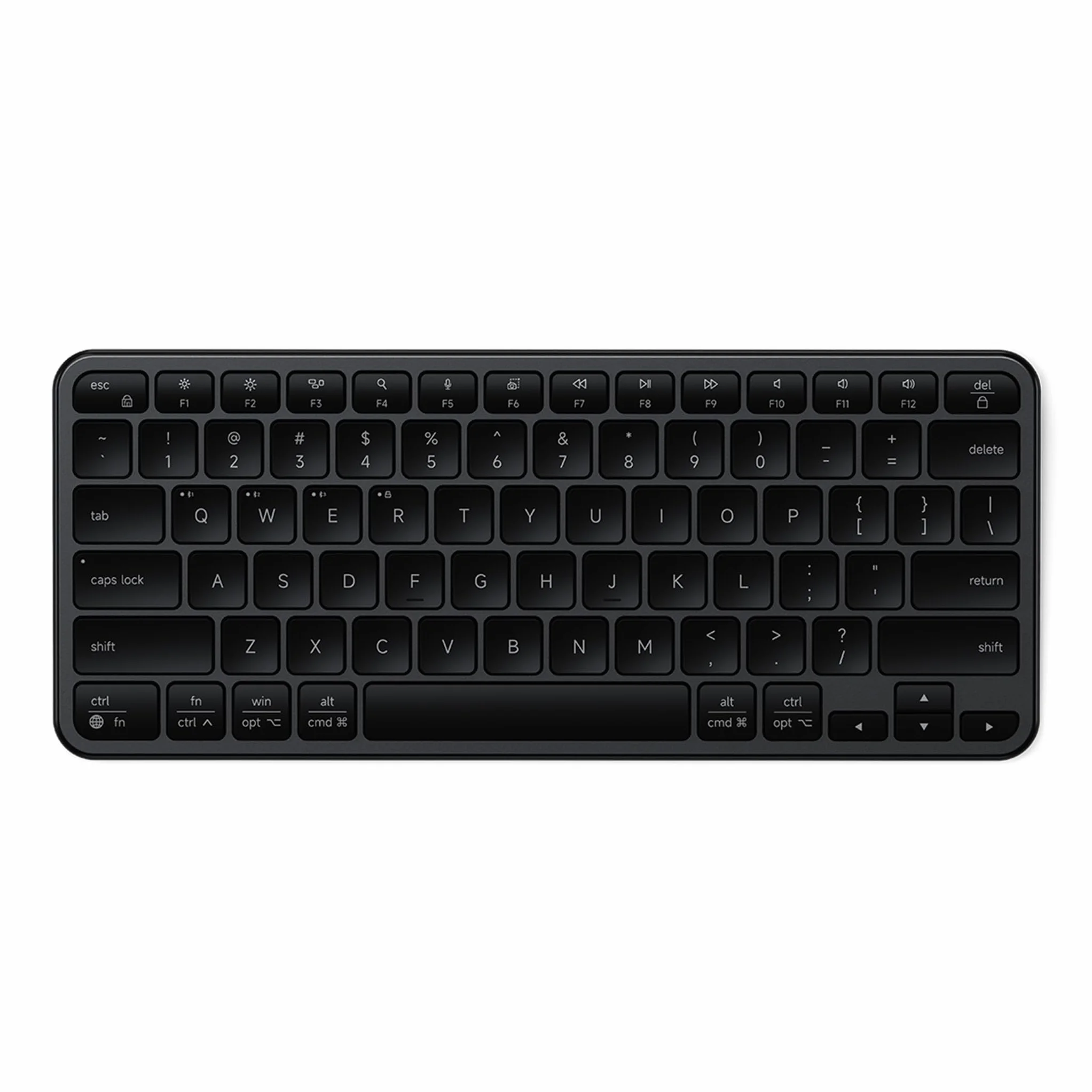SATECHI Slim EX1 Klawiatura Bezprzewodowa, 𝗨𝗦 𝗤𝗪𝗘𝗥𝗧𝗬 𝗟𝗮𝘆𝗼𝘂𝘁, Kompaktowa do Mac, Windows i Android, 4 w 1 (Bluetooth + 2.4GHz), Szybki OS Remap, Akumulator USB-C – Czarna