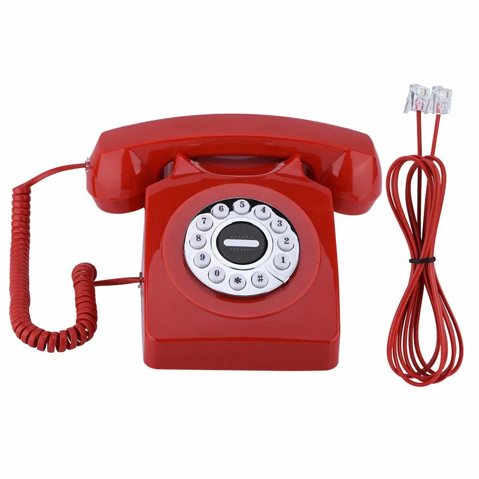 ASHATA Retro Telefon Vintage Przewodowy Analogowy Stacjonarny Klasyczny z Tarczą Obrotową Czerwony