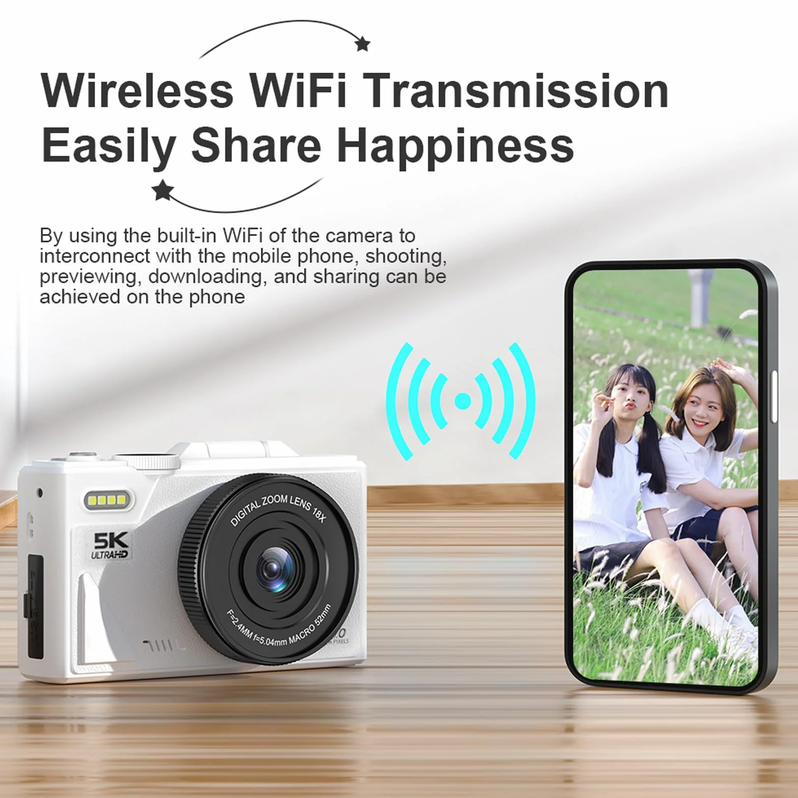 Kamera Cyfrowa 5K do Fotografii, 75MP Wi -Fi Autofocus Vlogging Cameras do YouTube z Ekranem Flip 3 -Cal, 18x Cyfrowy Zoom i Anti Shake, Aparat Wideo Obsługuje kartę 128G