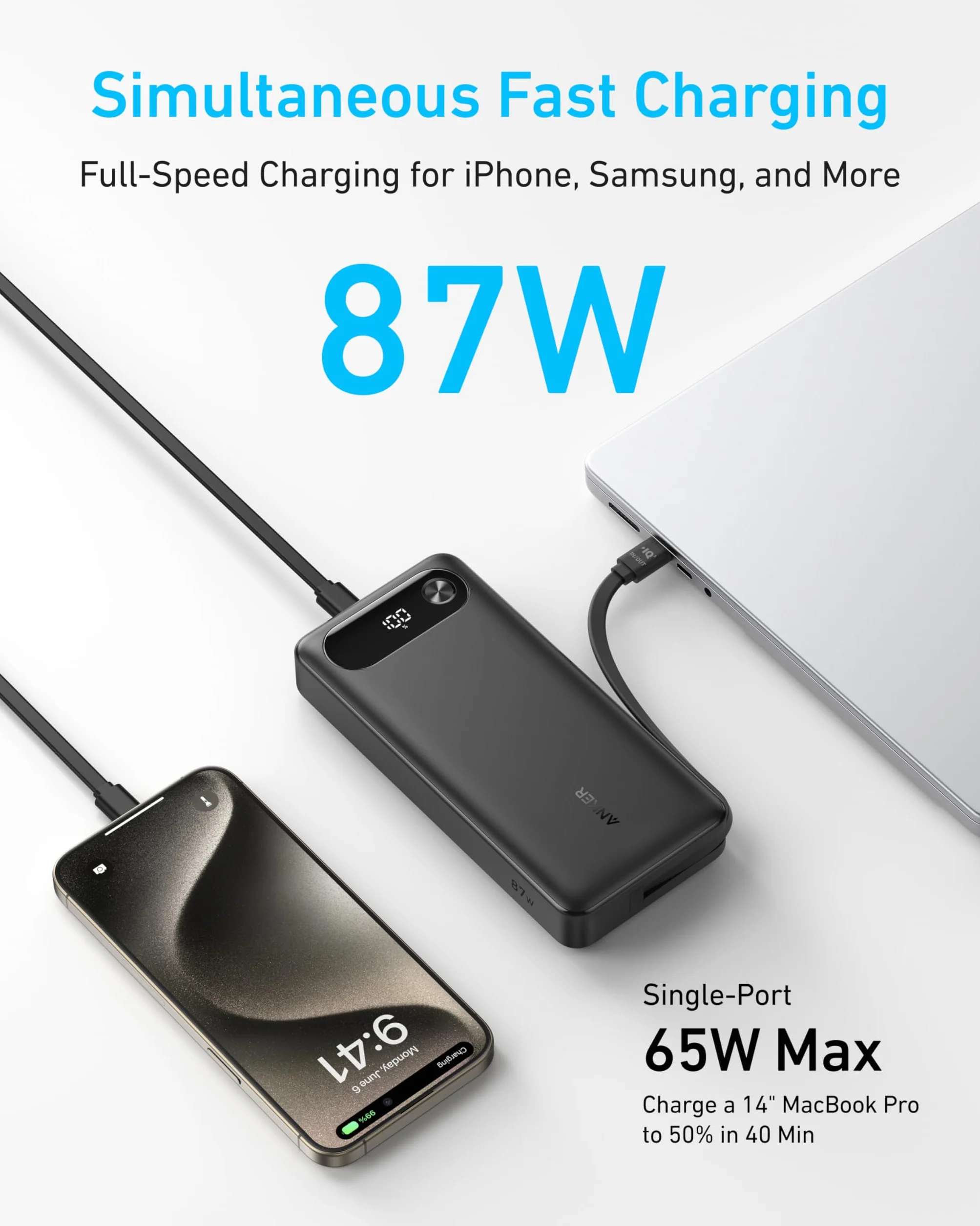 Anker Powerbank, przenośna ładowarka 20 000 mAh z wbudowanym kablem USB C, 87 W Max akumulator do szybkiego ładowania, 2 USB-C i 1 USB-A, do MacBook, iPhone 16/15/14, Samsung (Czarny)