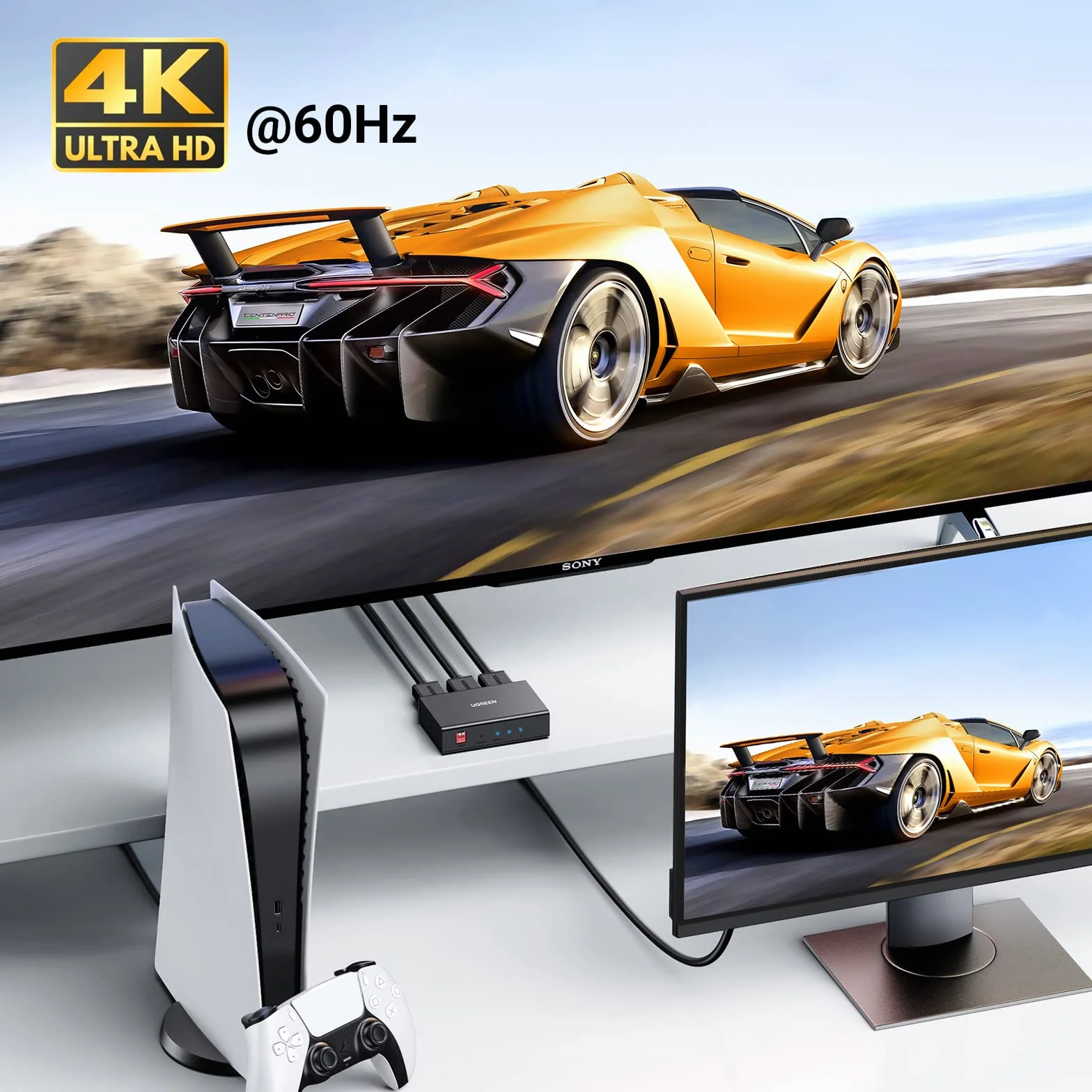 UGREEN Rozdzielacz HDMI 1 w 2 wyjścia [wyświetlacz lustrzany], 4K przy 60Hz, HDCP 2.2/1.4, HDR, podwójny monitor kompatybilny z TV Box, TV Stick, konsolą do gier, kartą przechwytującą, PC