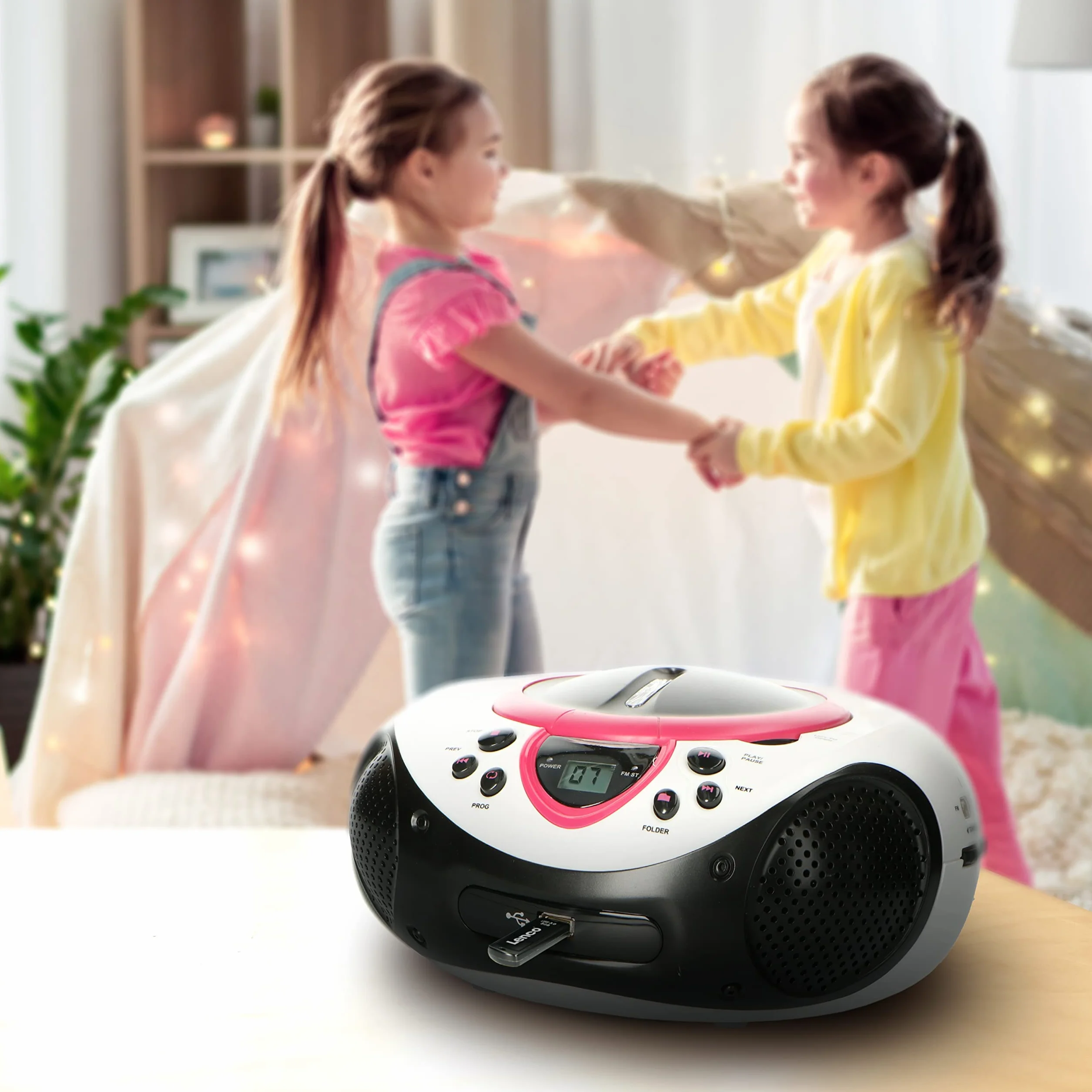 Lenco Dziecięce radio CD SCD-38 przenośne radio FM z odtwarzaczem CD/MP3 i USB w kolorze różowym