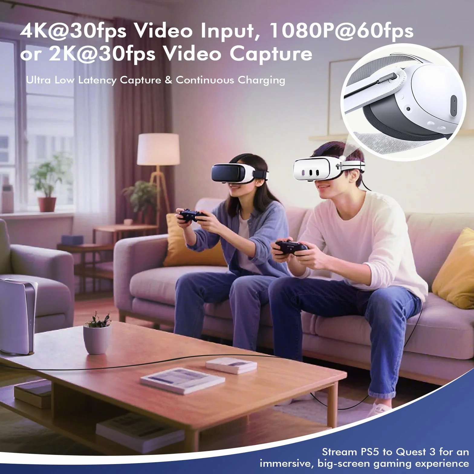 Guermok Karta Przechwytująca USB3.0 do Streamingu, Adapter USBC/Typ C 90° i PD 100W, 3,3ft 2K@30FPS HDMI na USB A/C dla /Quest3/Pad/MacOS/Switch/PS5/4