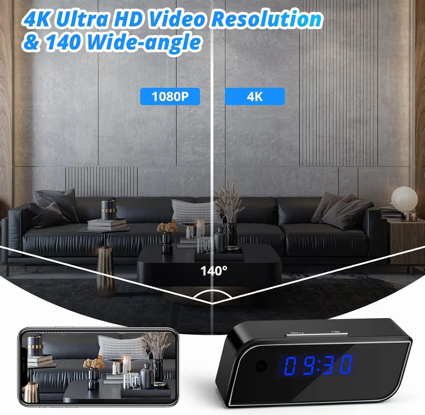 Kamera szpiegowska WiFi Mini DV - budzik 4K HD 1080P Bezprzewodowy rejestrator wideo Noktowizor Czujnik detekcji ruchu Bezpieczeństwo w domu DVR Monitor dla zwierząt Niania