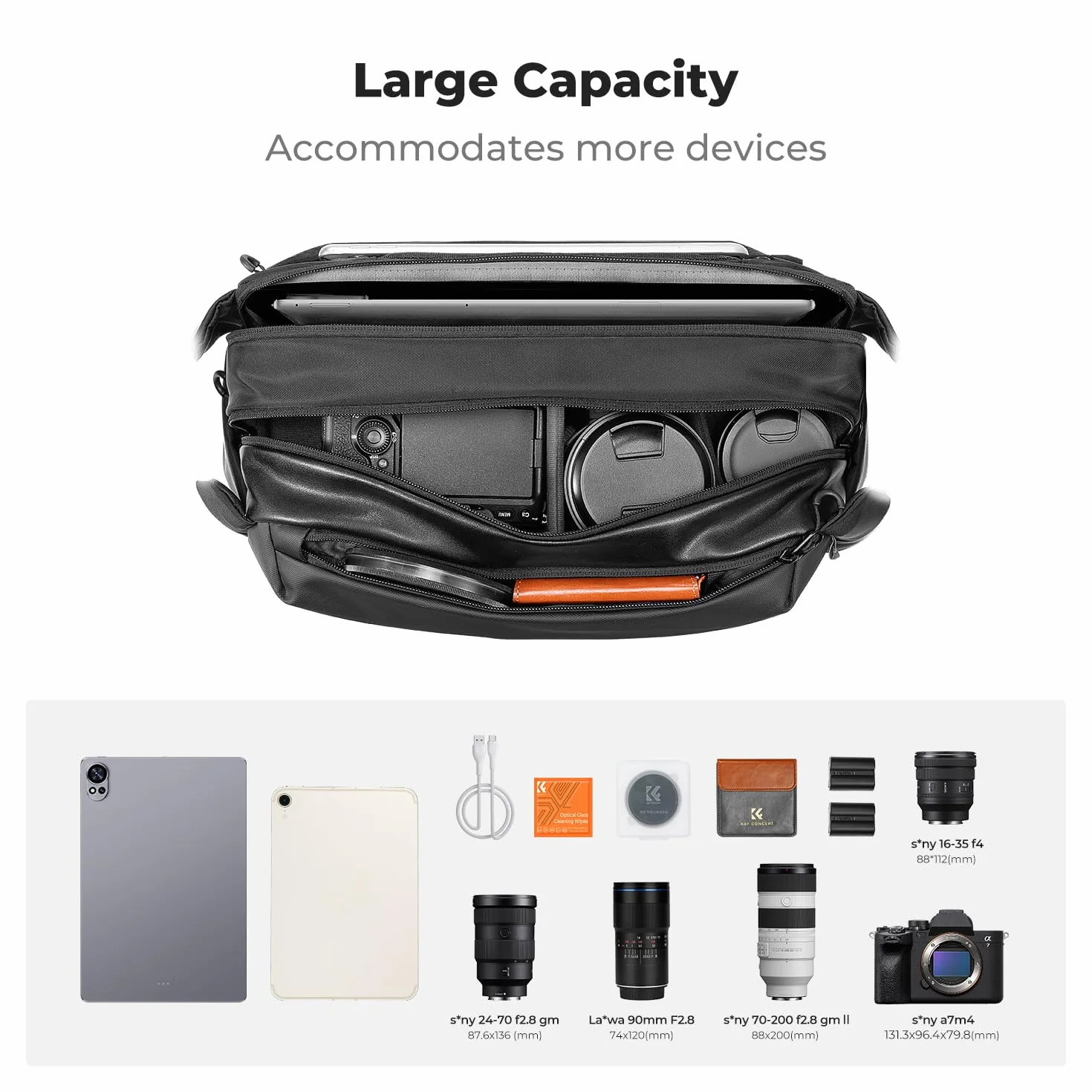 K&F Concept Plecak na aparat, torba na ramię, kwadratowa torba, kieszenie dla fotografów, etui na aparat fotograficzny, prostokątne, kompatybilny z Canon/Nikon/Sony/DJI Mavic (1, czarny, duży, rozmiar
