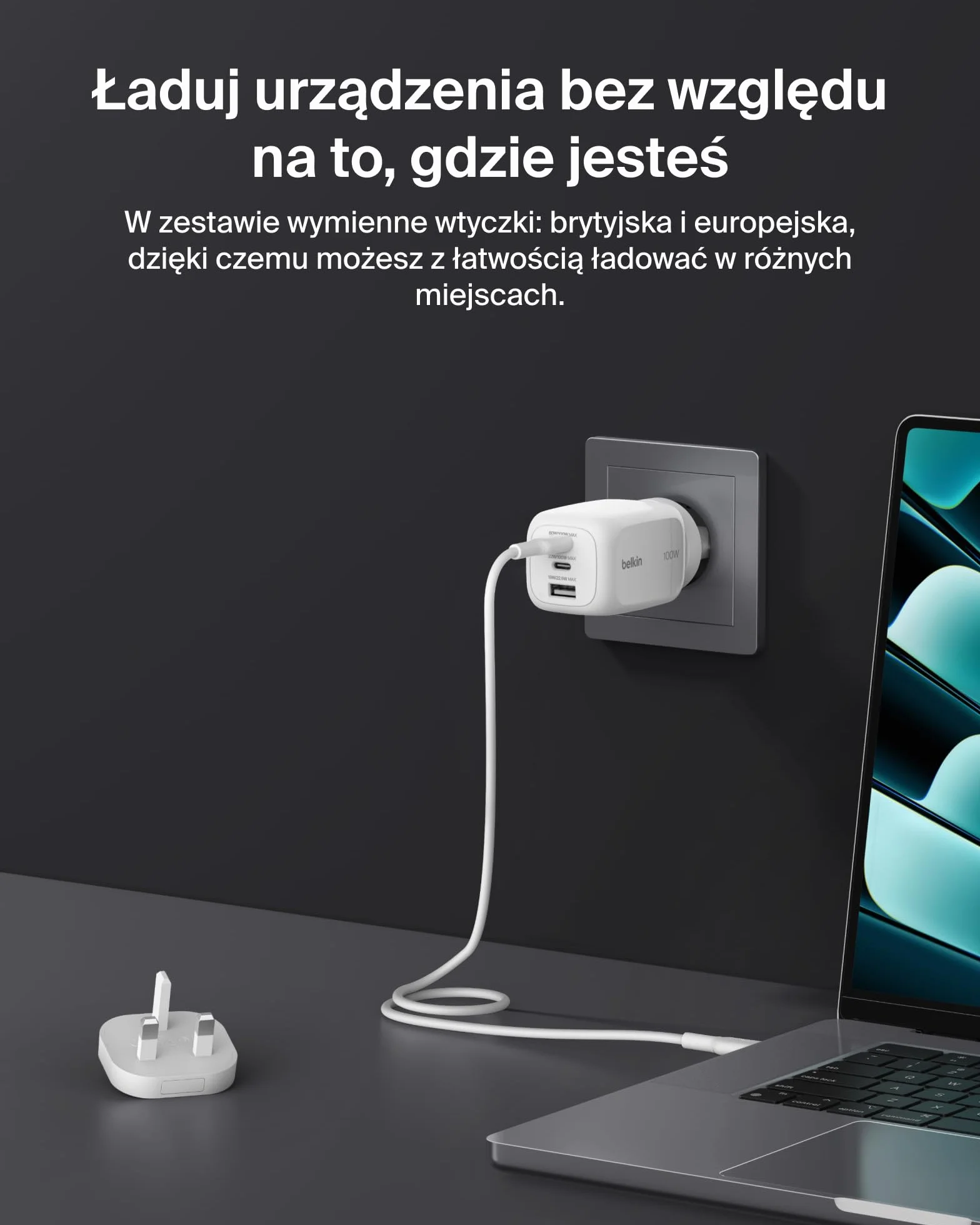 Belkin 3-Portowa ładowarka, ładowarka GaN z 2 portami USB-C i 1 portem A, Końcówki wtyczek UE/UK/US, do urządzeń MacBook, iPhone, iPad Pro, Samsung Galaxy, Google Pixel – Biała