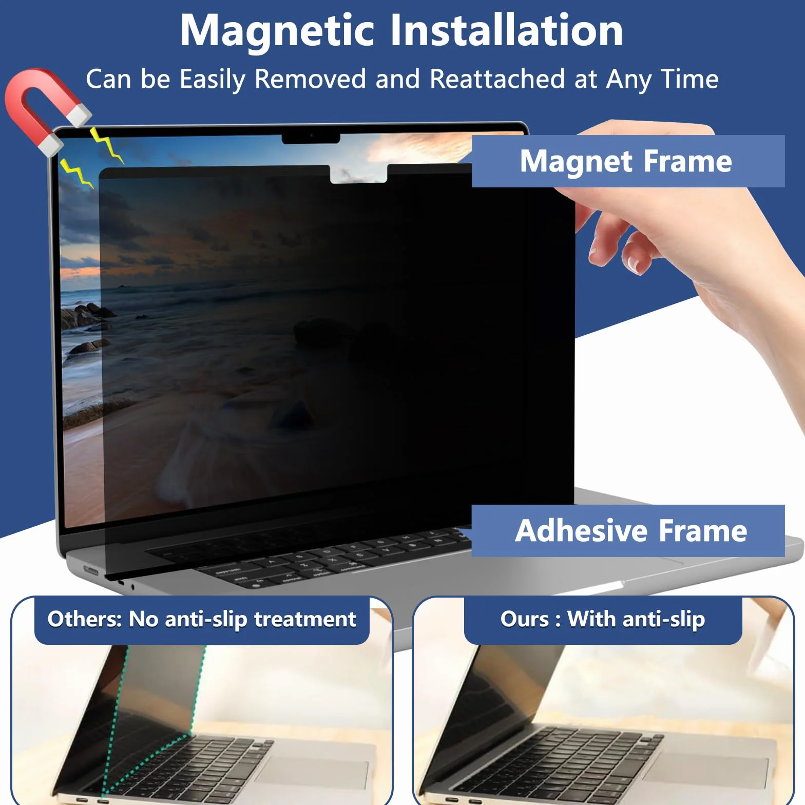 Magnetyczna osłona prywatności dla MacBook Air 13 cali/13.6 cala (2022-2026, M5 M4 M3 M2), Zdejmowana osłona prywatności na laptopa, filtr przeciwsłoneczny i przeciw niebieskiemu światłu