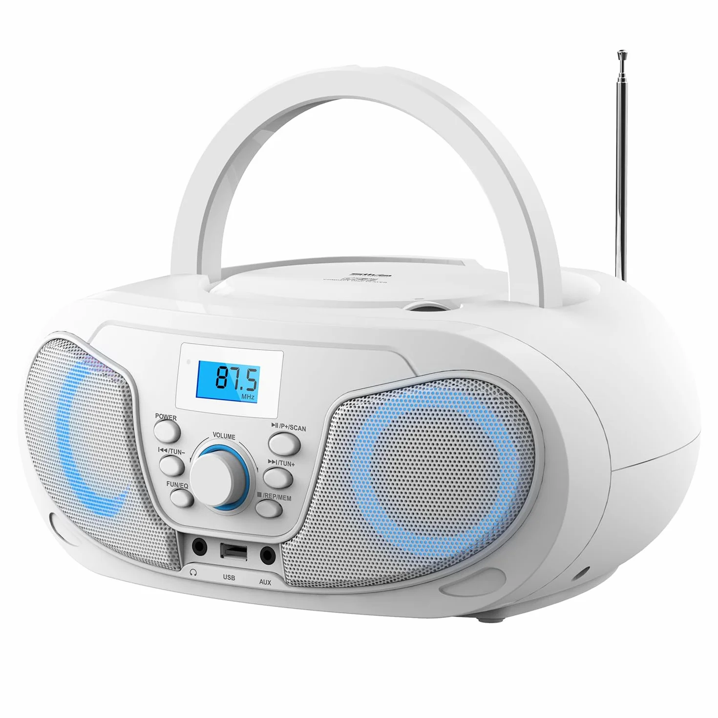 Silva Schneider MPC 25.4 USB przenośny odtwarzacz CD z radiem FM, USB do MP3, AUX i gniazda słuchawkowego, wyświetlacz LCD, 40 W p.m.p.o., zasilanie sieciowe/bateryjne – biały