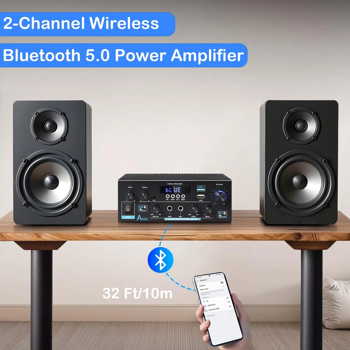 Wzmacniacz HiFi WOOPKER Mini wzmacniacz, 500 W, 2 kanały Bluetooth HiFi Stereo w/radio FM, USB, SD, RCA, MIC In, wzmacniacz audio, odbiornik do domu lub samochodu (AK55)