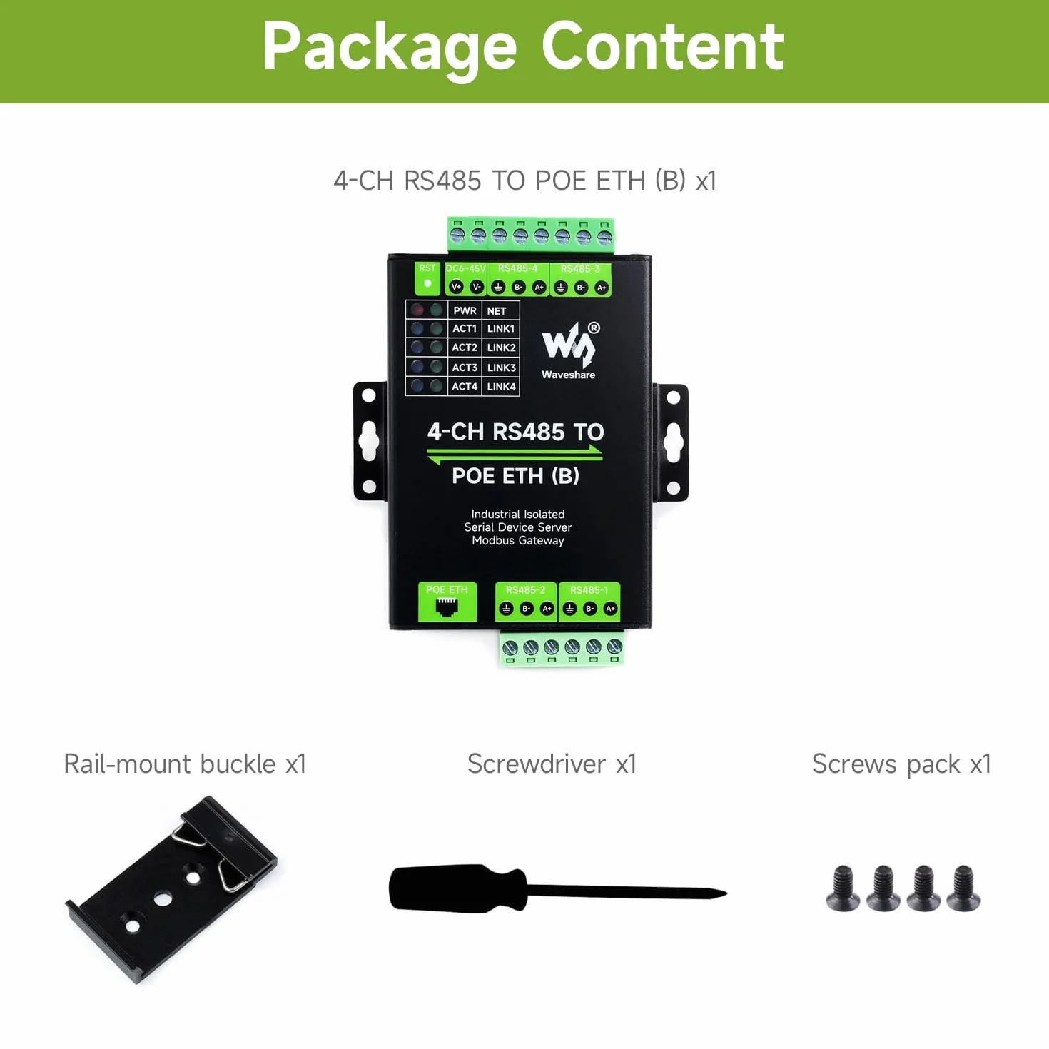 Waveshare 4-Ch RS485 to RJ45 Ethernet Serial Server, 4 Channels RS485 Independent Operation, Rail-Mount Industrial Isolated Serial Module, Modbus Gateway, PoE Ethernet Port
