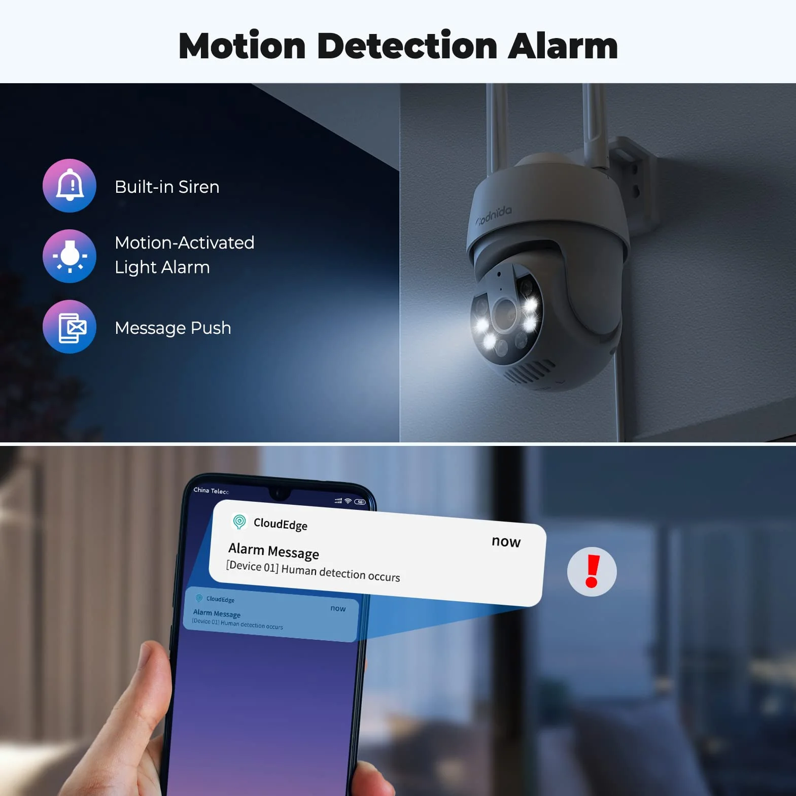 Codnida 2K kamera monitoringowa do użytku na zewnątrz, kamera Wi-Fi, 360° widok, 3MP, z 2-drożnym audio, automatyczne śledzenie, noktowizor w kolorze, alarm syrenowy, współpracuje z Alexa