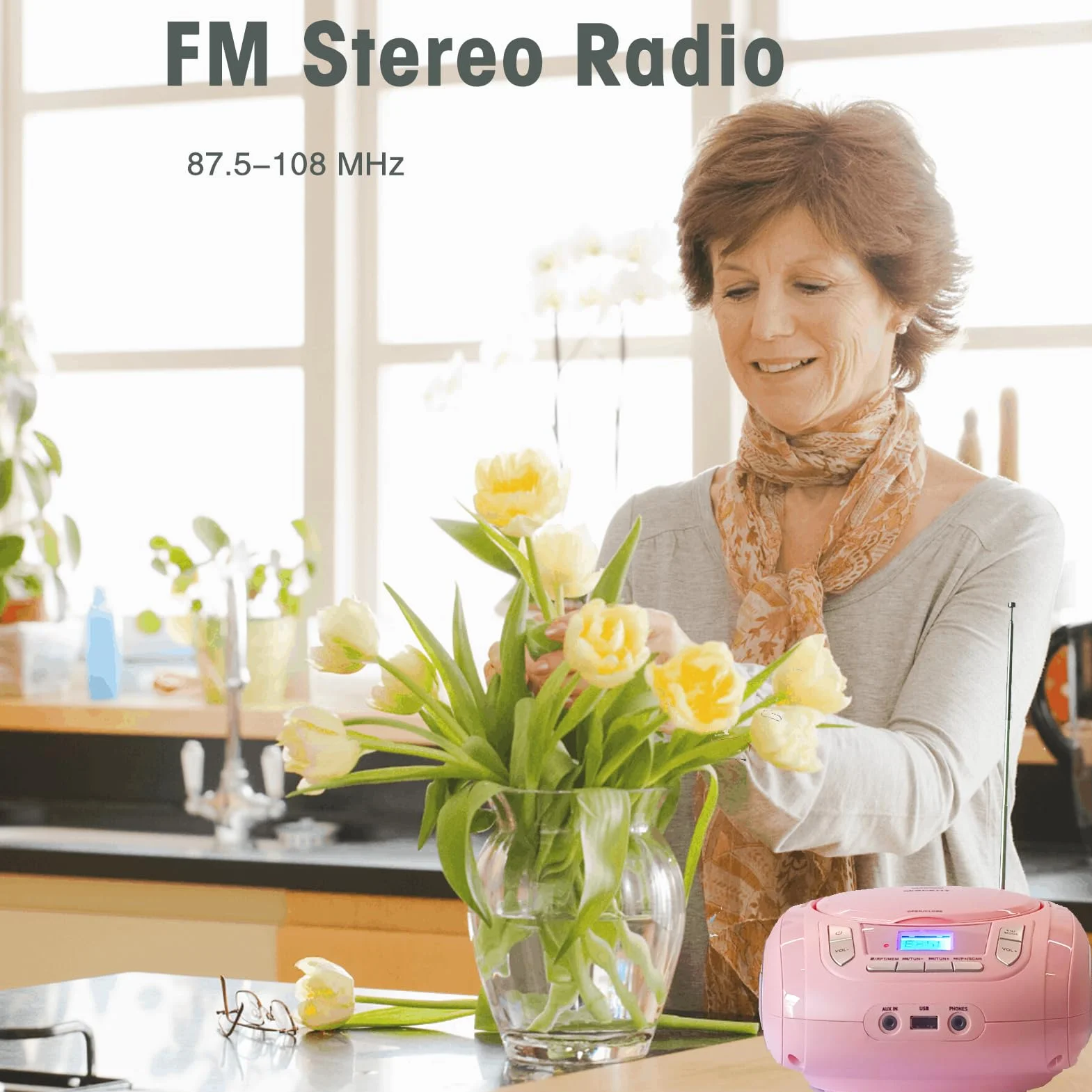 Przenośny odtwarzacz CD Bluetooth Boombox z radiem FM, USB, AUX, gniazdem słuchawkowym, kompatybilny z CD-R/RW i MP3 CD (różowy)