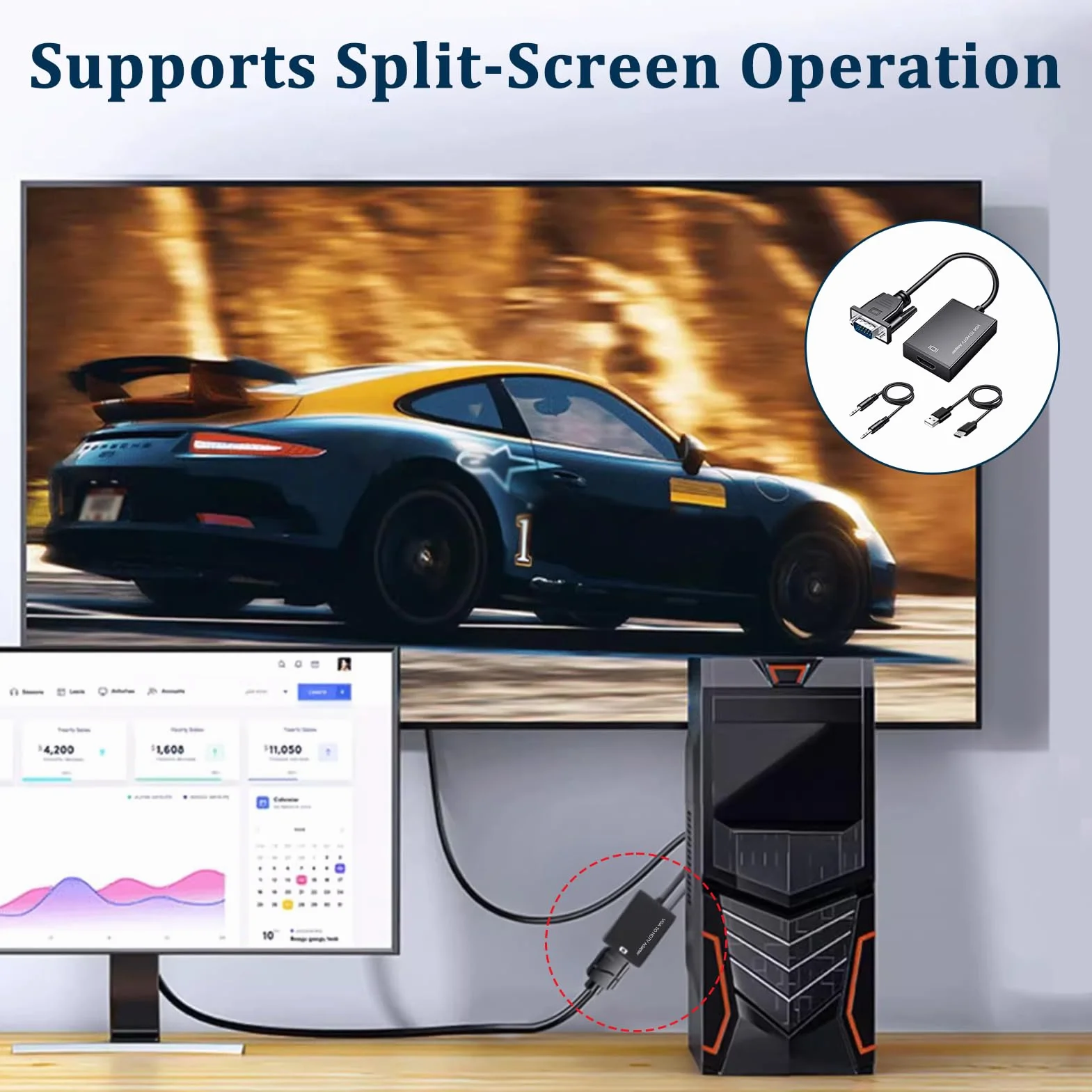 Adapter VGA na HDMI, 1080p, konwerter VGA męski na HDMI żeński z dźwiękiem, jednokierunkowy kabel do laptopa, monitora, projektora, PC na telewizor HD, kompatybilny z audio 3,5 mm + USB