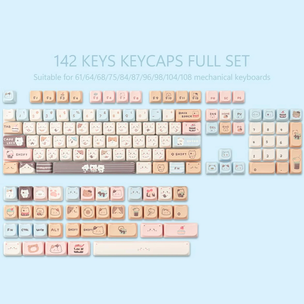 Nasadki klawiszy PBT 142 klawisze urocze nasadki klawiszy sublimacja morska sól morska kot nasadka na klawisze Mao profil niestandardowe klawisze do Cherry Gateron MX Swithes klawiatury mechaniczne