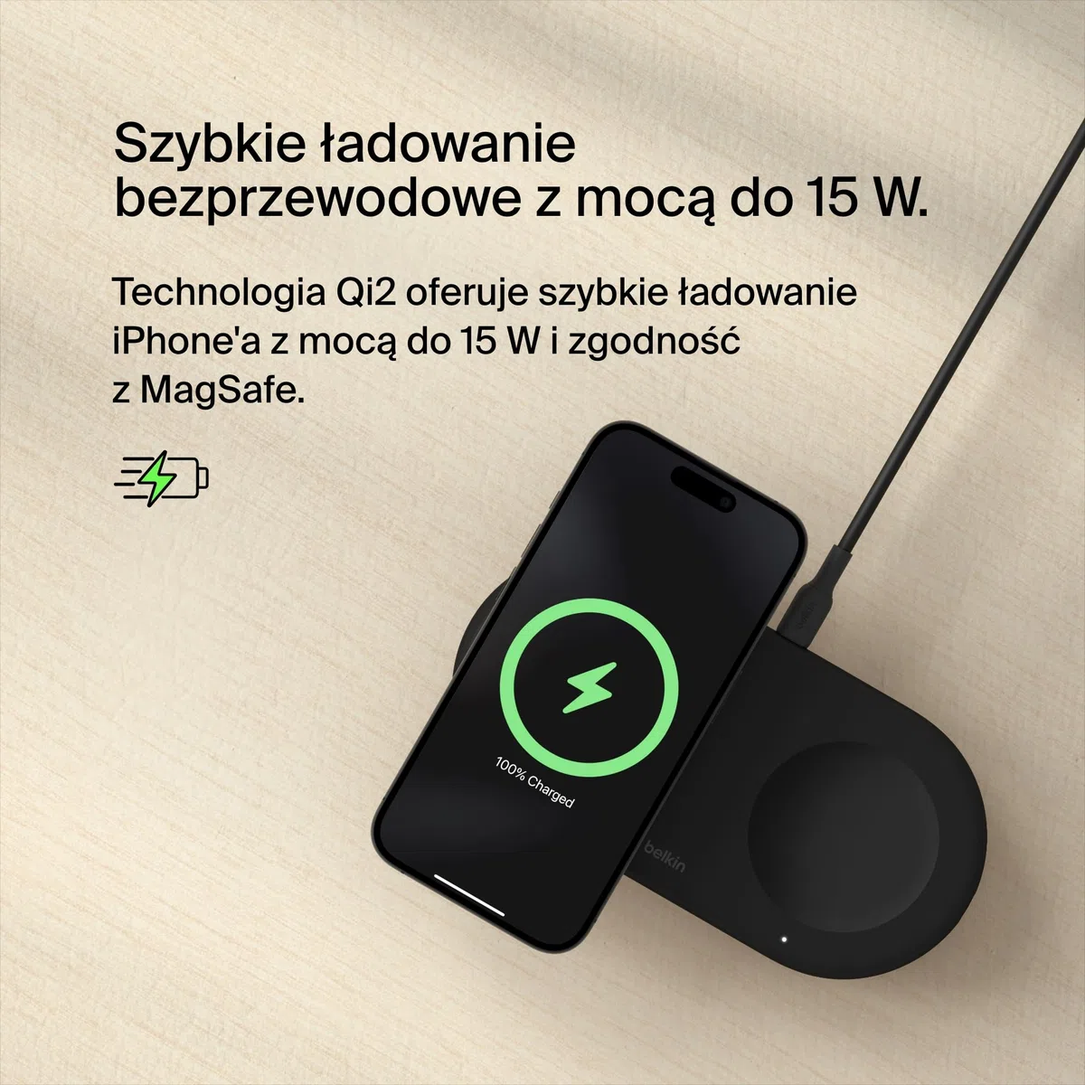 Belkin BoostCharge Pro bezprzewodowa podkładka ładująca 2 w 1 z Qi2 15W, szybkie ładowanie iPhone'a, zgodność z urządzeniami iPhone z serii 16/15/14/13/12, AirPods i innymi z obsługą MagSafe – czarna
