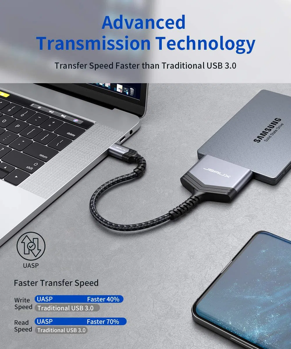 JSAUX Kabel SATA na USB C, USB C 3.1 do 2,5" SATA III, adapter do dysków twardych typu C do 2,5" SSD i transmisji danych HDD, kompatybilny z Thunderbolt 3 Macbook Pro 2021/2020, Mac Mini itp. (szary)