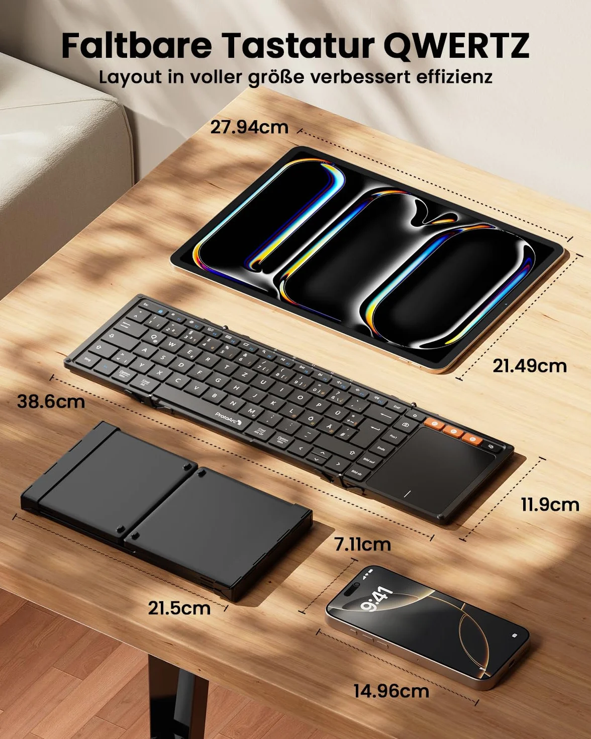 ProtoArc XK01 TP klawiatura Bluetooth składana z touchpadem, bezprzewodowa klawiatura składana QWERTZ niemiecka z dużym touchpadem dla iPad, iOS, Android, Windows Laptop PC Tablet - Czarny