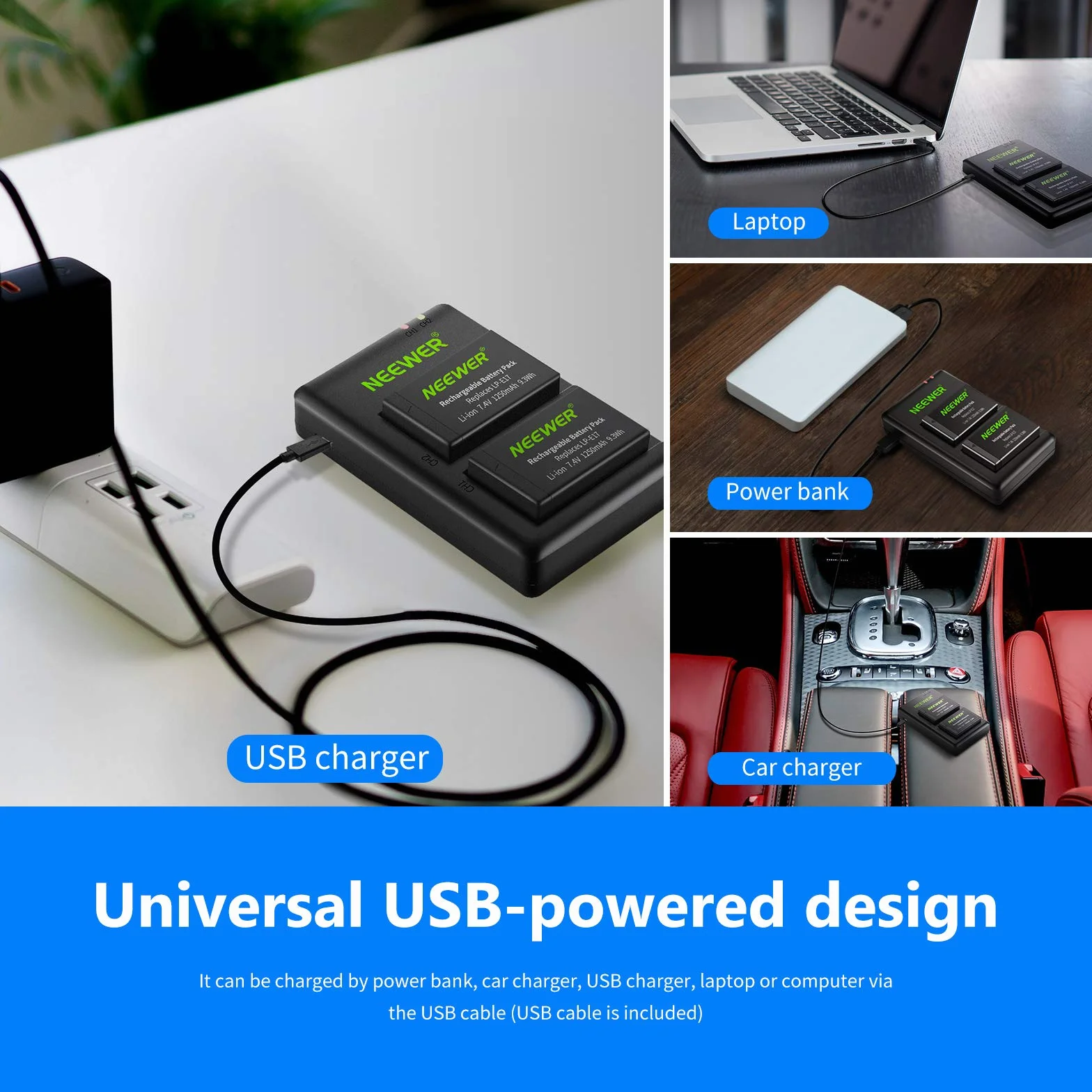 NEEWER 2-Pack LP-E17 Bateria zapasowa i podwójna ładowarka USB do Canon EOS R8 R10 R50 RP 77D 750D 760D 800D M6 II M6 M5 M3 Rebel SL2 SL3 T6i T6s T7i T8i