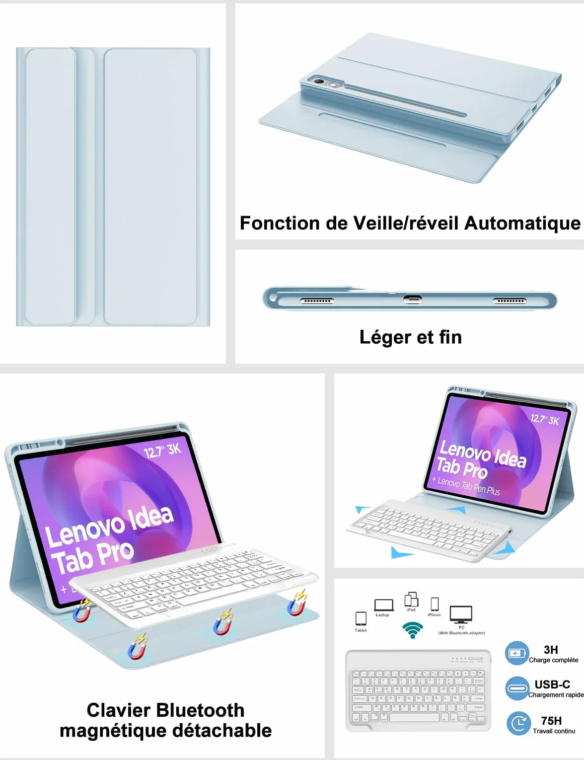 FOGARI Etui na klawiaturę do Lenovo Idea Tab Pro 2025 12,7" - magnetyczna bezprzewodowa klawiatura Bluetooth z uchwytem na długopis, niebieskie